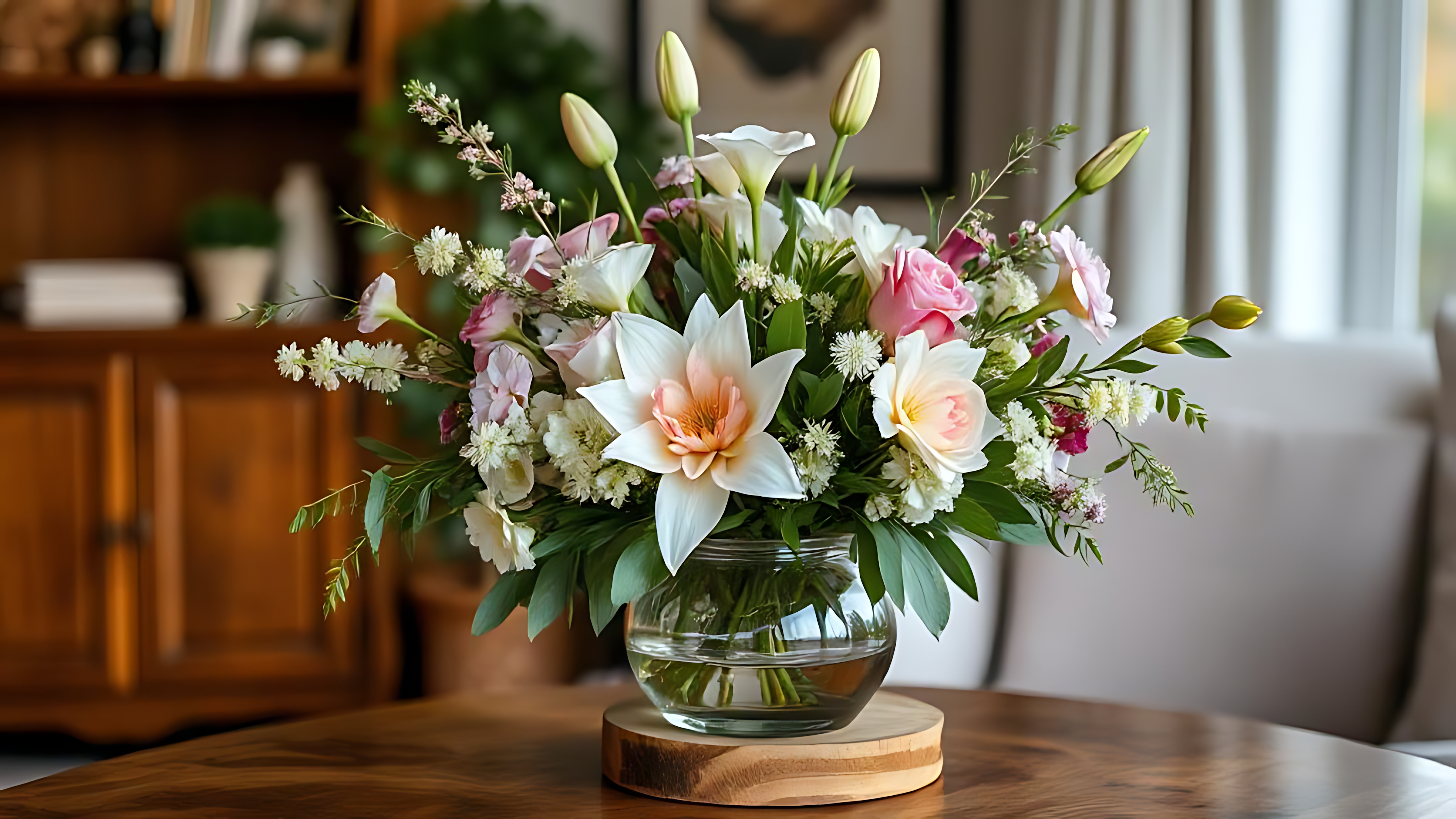 Vase 桌布 壁紙 — 一個充滿活力的花卉佈置，包含白色、粉紅色和蜜桃色的百合、玫瑰和綠葉，放在一個透明玻璃花瓶裡，置於木桌上。