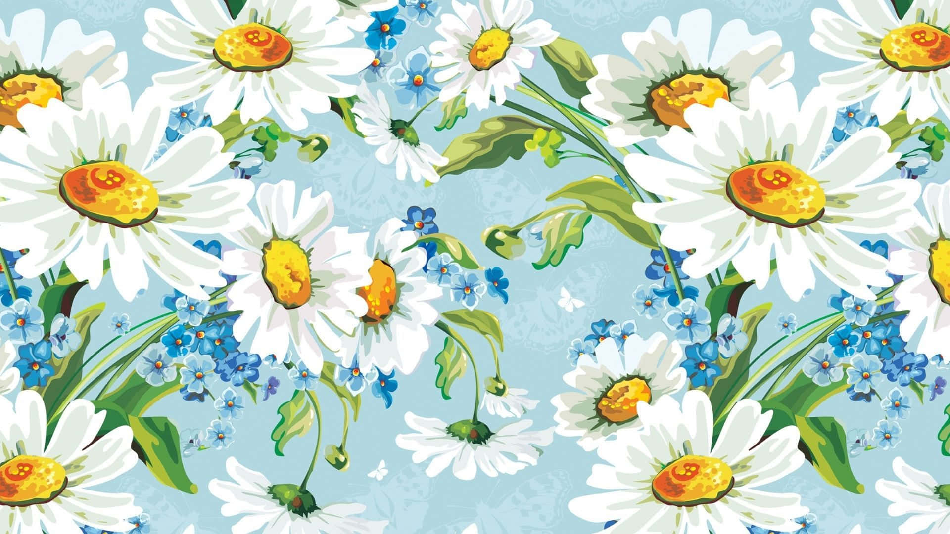 Daisy 桌布 壁紙 — 一個充滿活力的花卉圖案，以白色大雛菊（黃色花心）和藍色小勿忘我花為特色，背景為淺藍色。