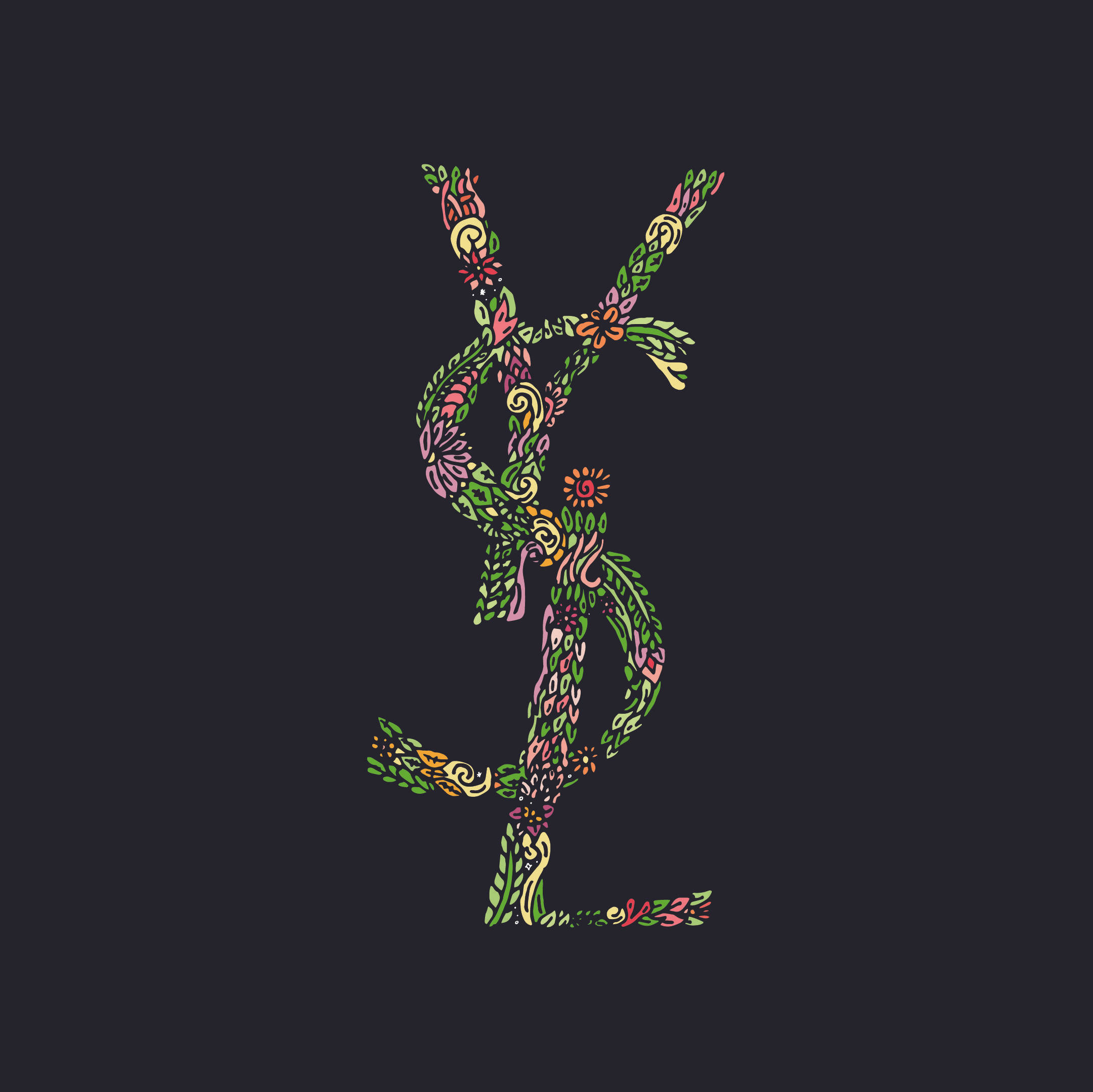 Ysl 桌布 壁紙 — 一個充滿活力的花卉字母組合標誌，在深色背景上巧妙地編織了色彩繽紛的樹葉和花朵。