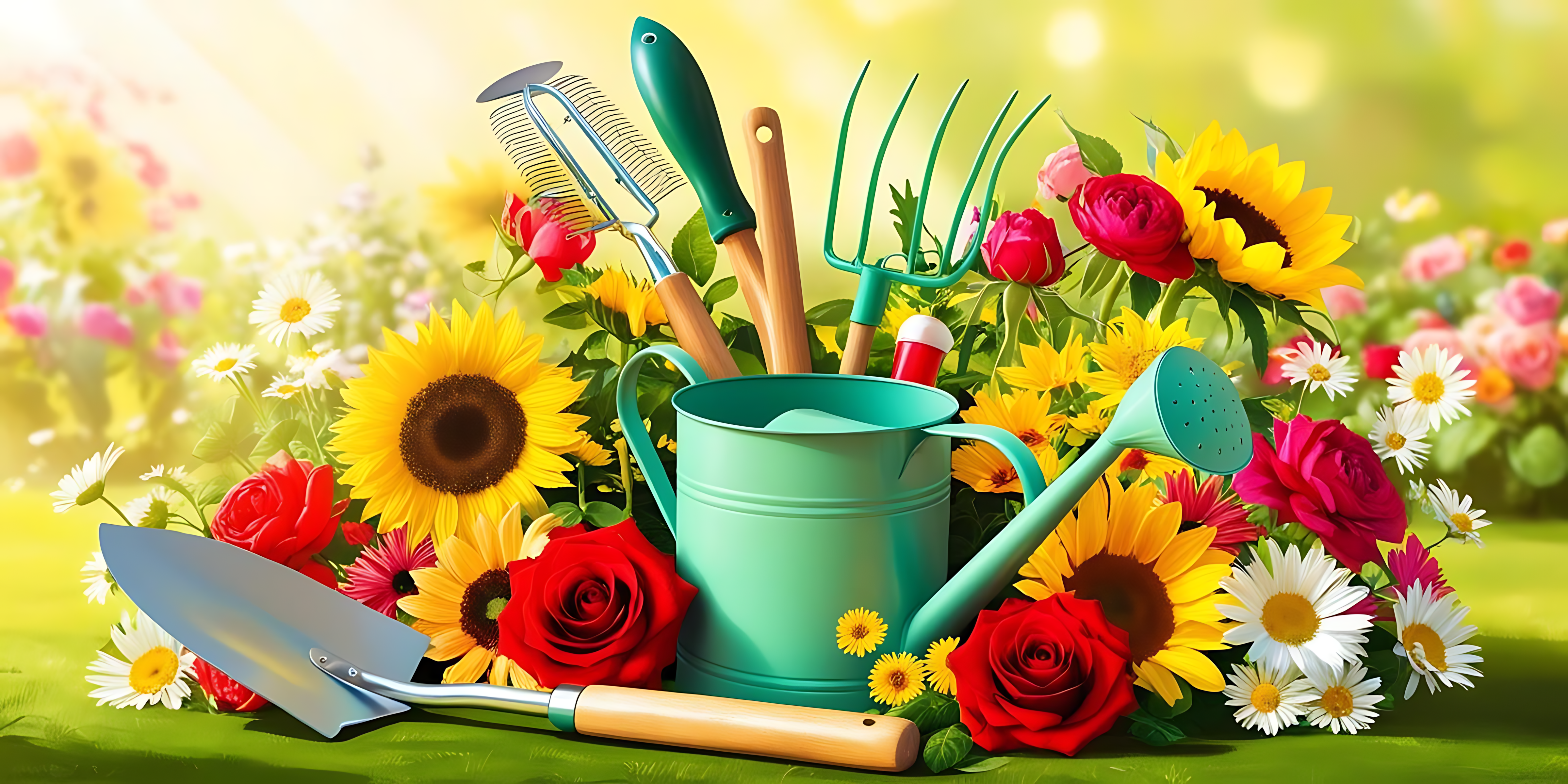 Bouquet 桌布 壁紙 — 一個充滿活力的花園場景，有一個藍綠色的澆水壺，裡面裝著工具，周圍環繞著向日葵、玫瑰和雛菊，沐浴在金色的陽光下。
