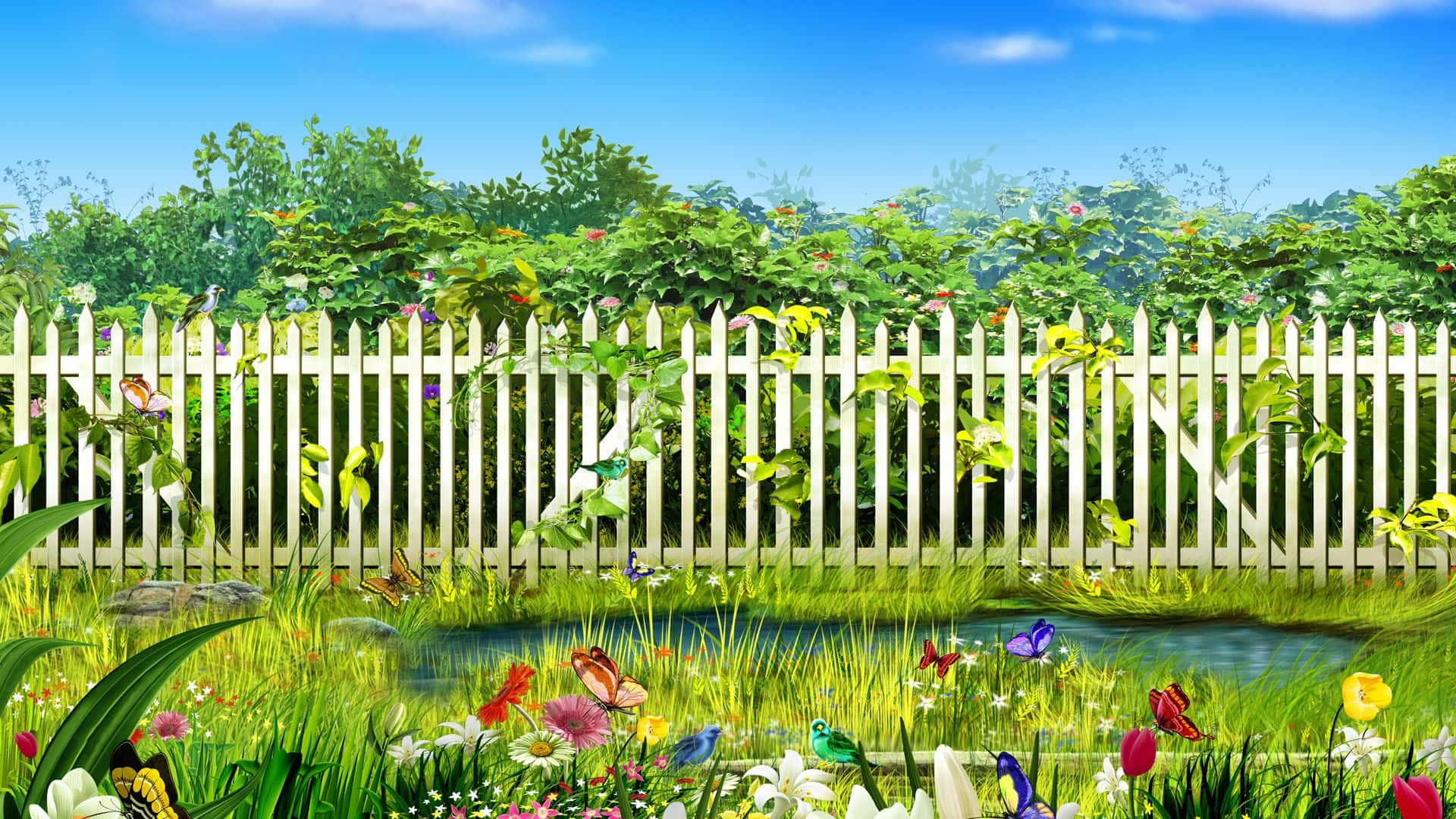 Spring Garden 桌布 壁紙 — 一個充滿活力的花園場景，有白色尖樁籬笆、色彩繽紛的蝴蝶和一個小池塘，在明亮的藍天下。