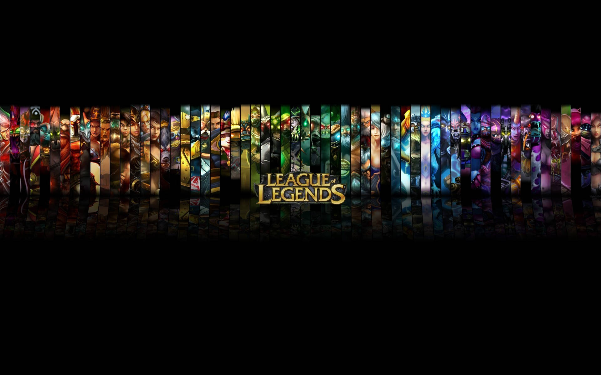 Legends 桌布 壁紙 — 一個充滿活力的英雄聯盟英雄陣列，以垂直條紋顯示在黑色背景上，遊戲標誌居中。