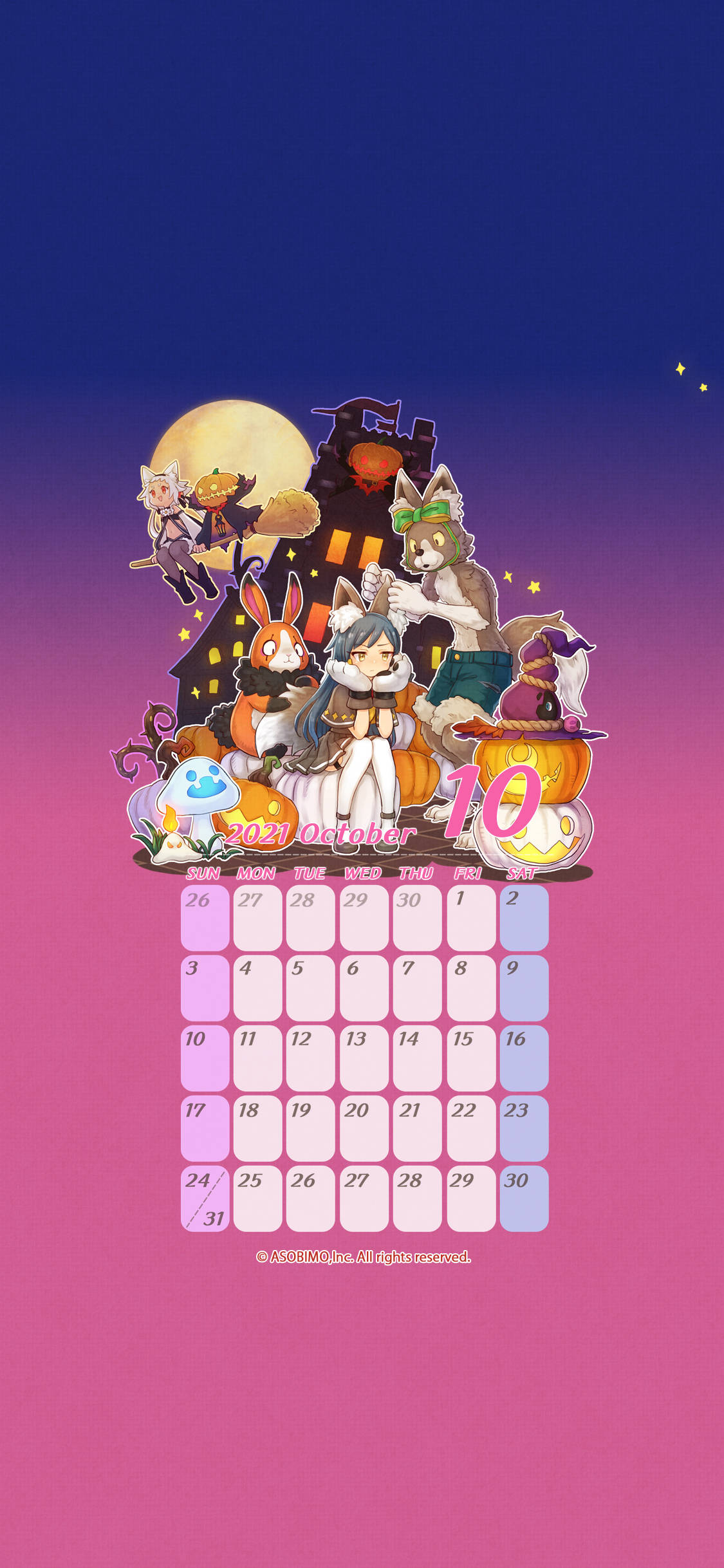 October Aesthetic 桌布 壁紙 — 一個充滿活力的萬聖節主題日曆，以動漫角色圍繞著鬼屋，滿月下襯托紫色漸變天空。