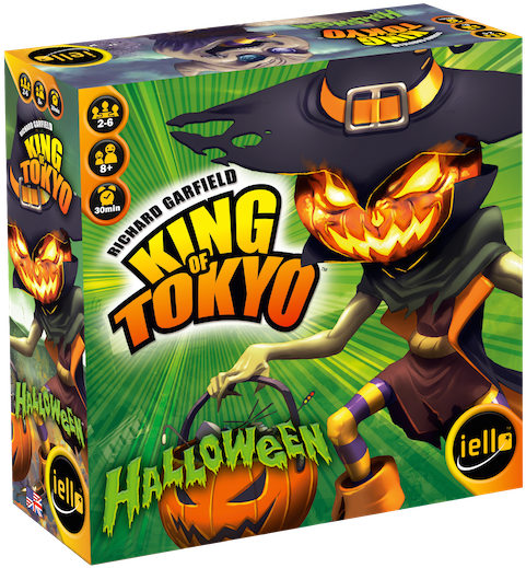 東京 桌布 壁紙 — 一個充滿活力的萬聖節主題棋盤遊戲盒，上面有一個卡通女巫，頭部是發光的傑克南瓜燈，手持南瓜籃子，背景是綠色放射狀爆發。