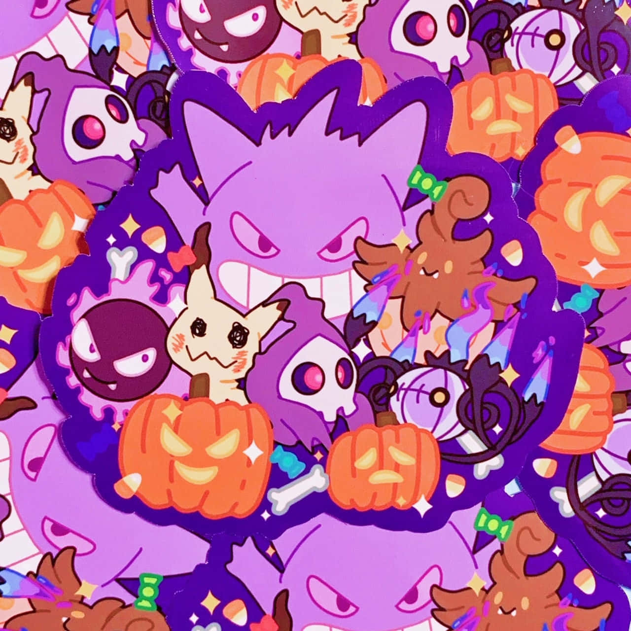 Pokemon Stickers 桌布 壁紙 — 一個充滿活力的萬聖節主題貼紙拼貼， featuring 紫色耿鬼、橙色南瓜和恐怖卡通角色。
