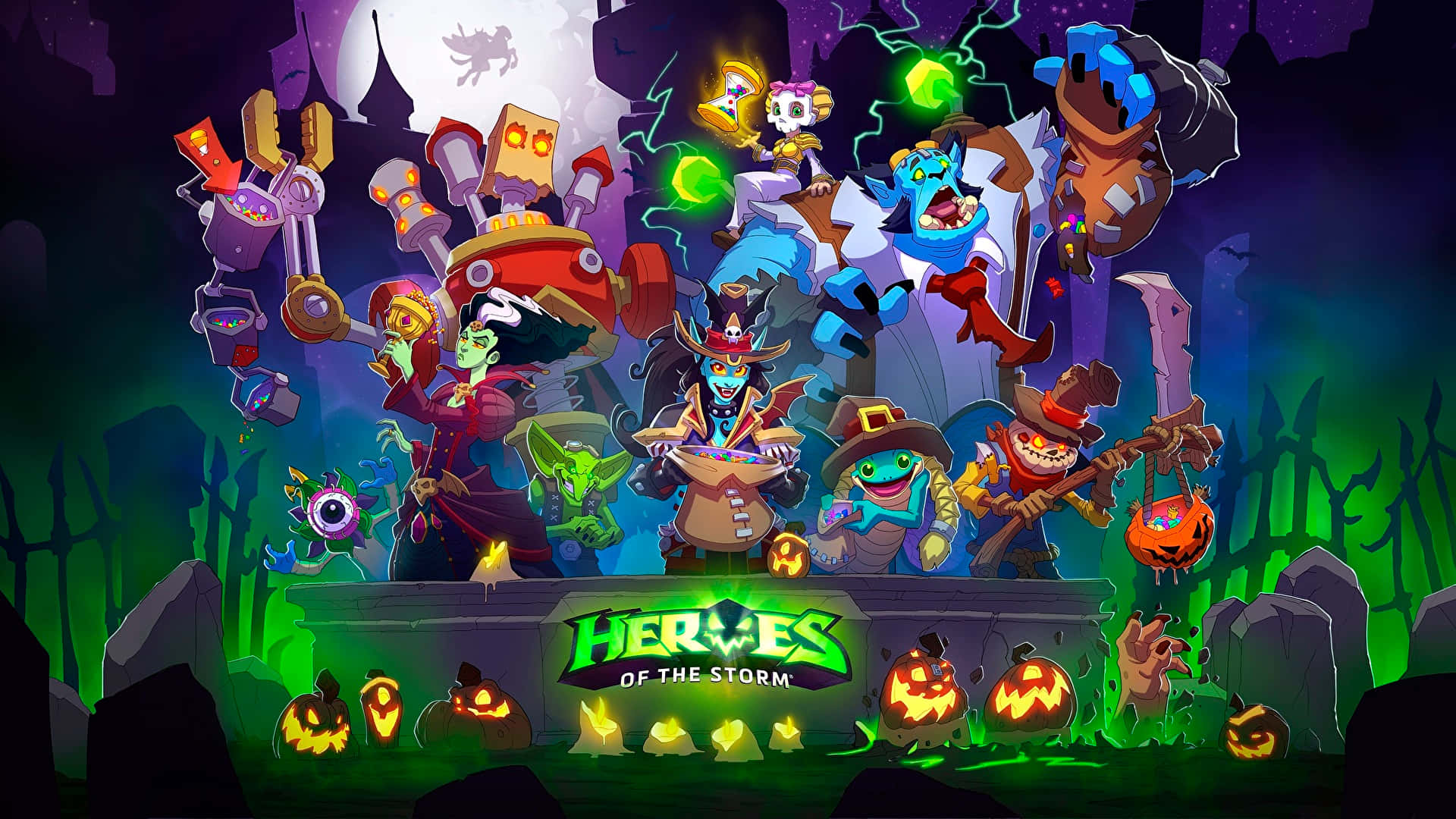 Halloween Games 桌布 壁紙 — 一個充滿活力的萬聖節主題遊戲場景，卡通怪物和英雄圍繞著發光的墓碑和南瓜。