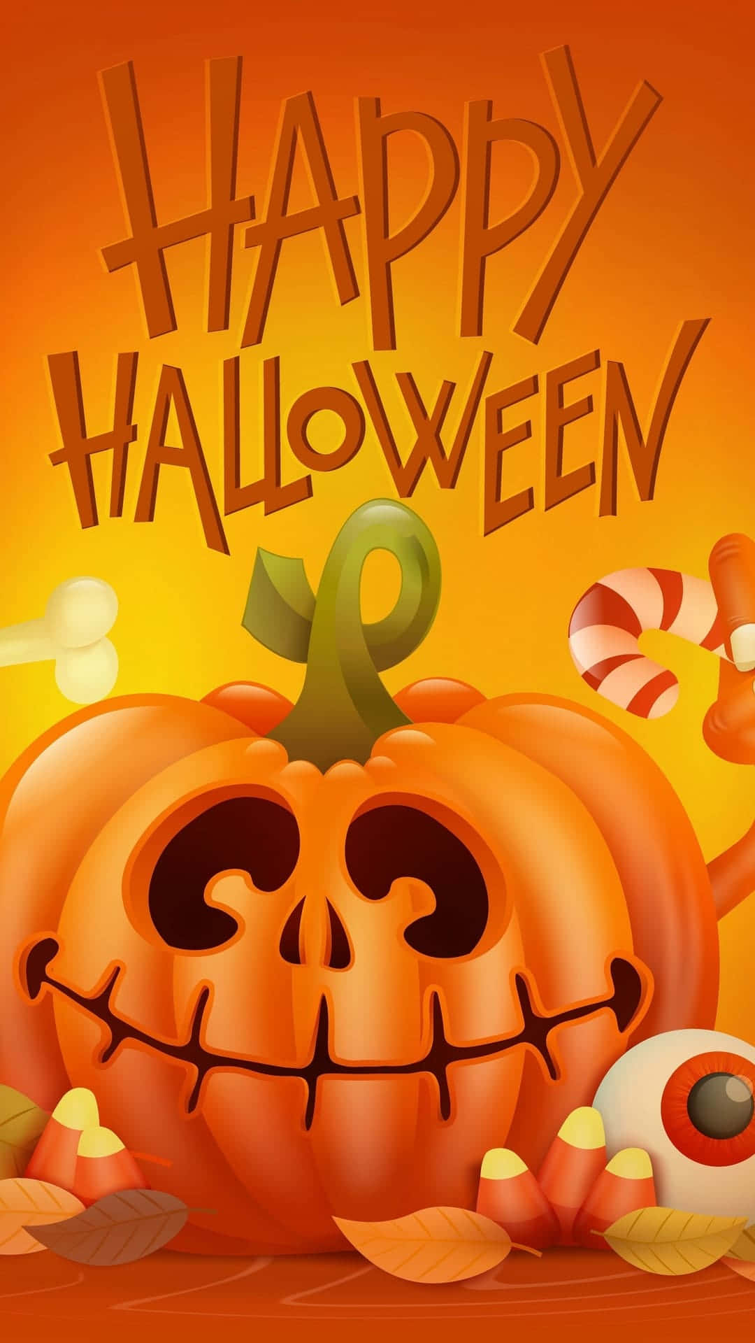 jack o'lantern 桌布 壁紙 — 一個充滿活力的萬聖節南瓜，帶有縫合的笑容，周圍環繞著糖果玉米眼球和骨頭，背景為橙色漸變。