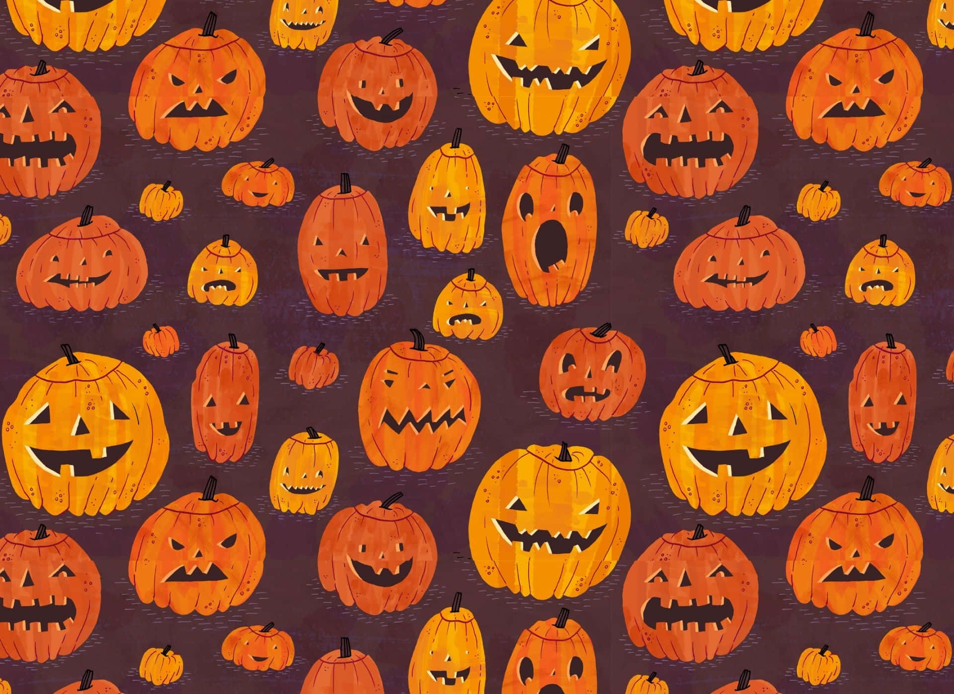 Halloween Laptop 桌布 壁紙 — 一個充滿活力的萬聖節圖案，在深紫色背景上呈現橙色南瓜燈，帶有各種詭異的表情。