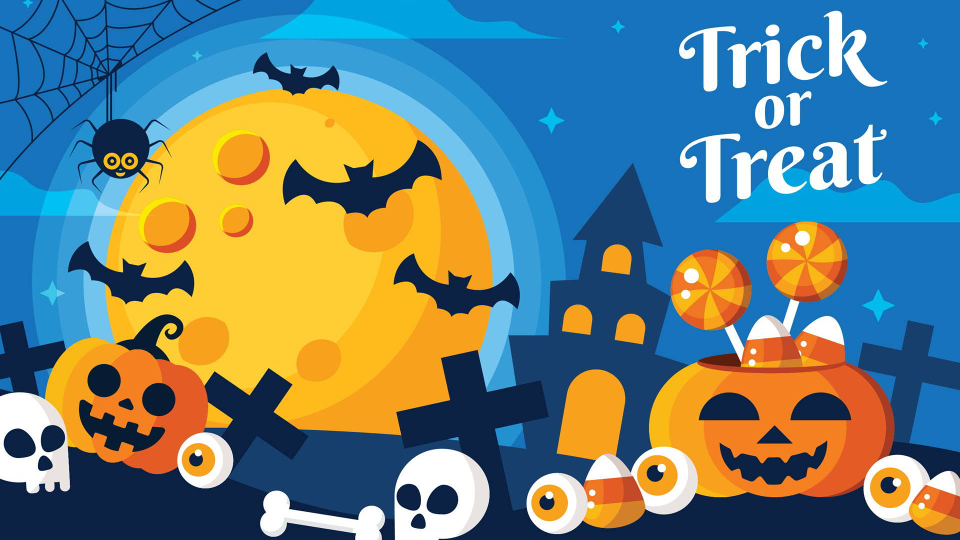 Cute Halloween Desktop 桌布 壁紙 — 一個充滿活力的萬聖節夜晚場景，有巨大的月亮、蝙蝠、南瓜、骷髏頭和糖果玉米，在星空下。