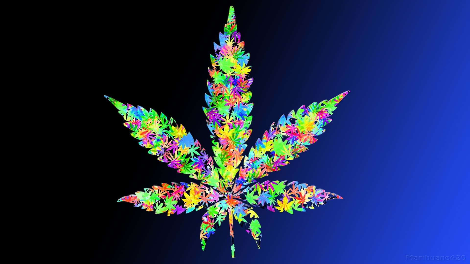 迷幻 桌布 壁紙 — 一個充滿活力的萬花筒大麻葉，由多種顏色的小葉片組成，背景為漸變藍色。