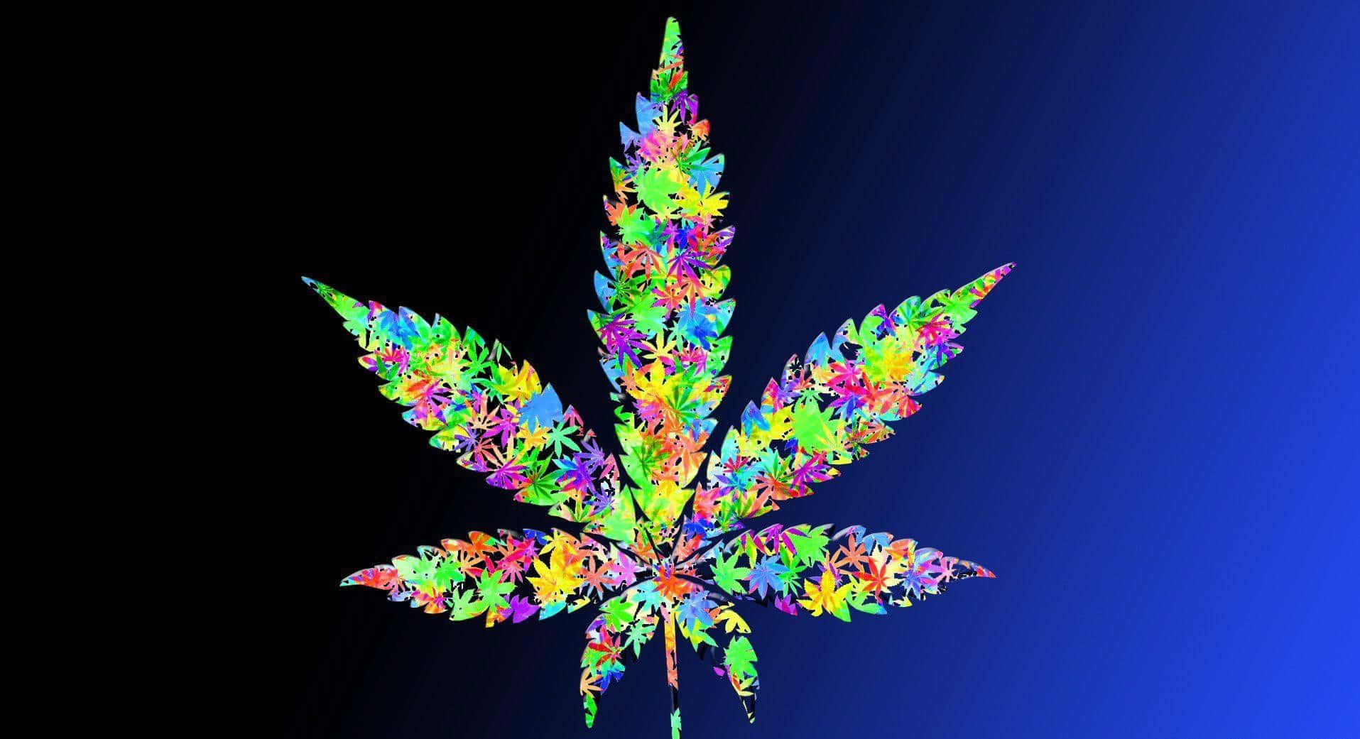 Psychedelic Weed 桌布 壁紙 — 一個充滿活力的萬花筒大麻葉，由多種顏色的小葉片組成，背景為深色到藍色的漸變。