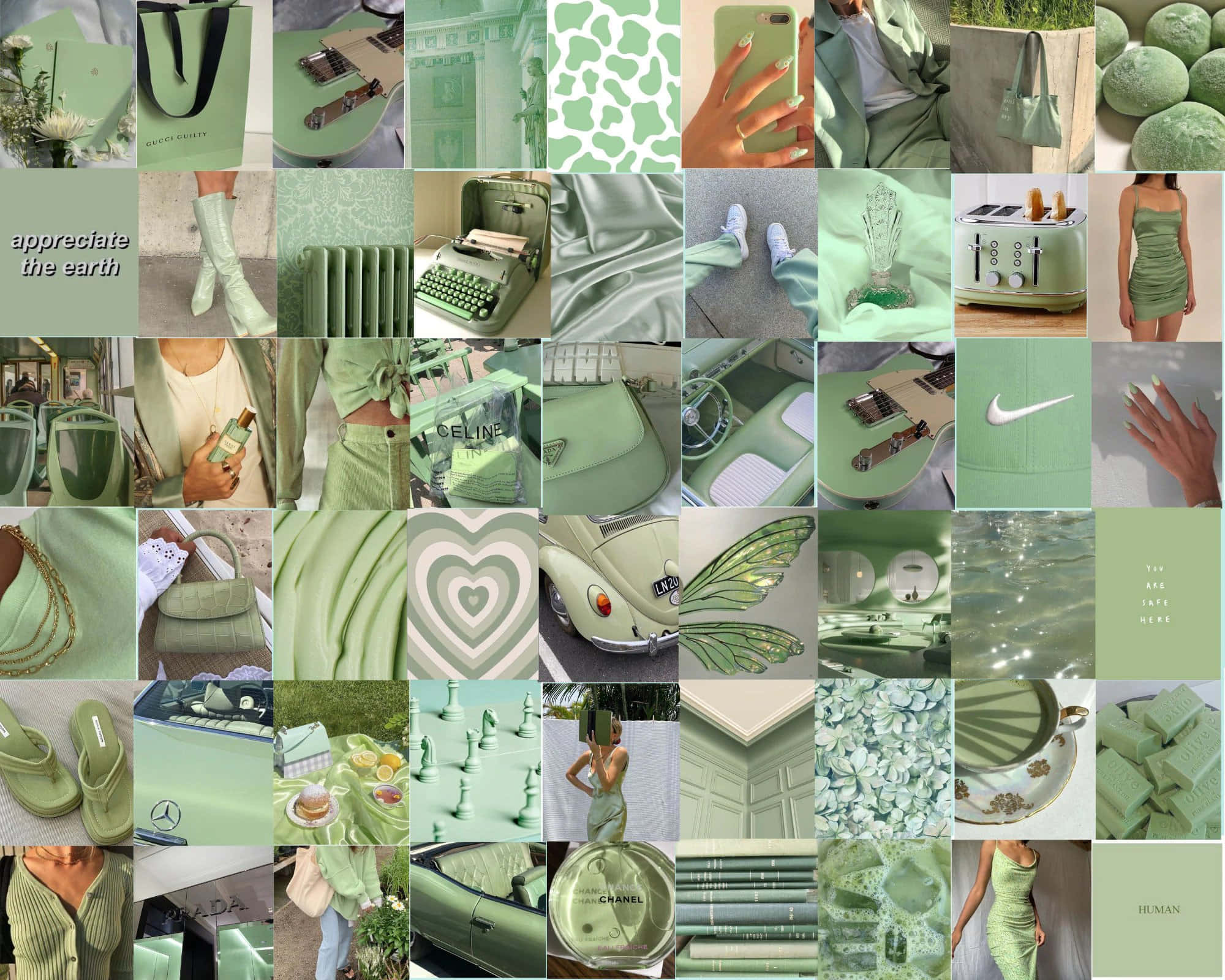 Aesthetic Sage Green 桌布 壁紙 — 一個充滿活力的薄荷綠色物品拼貼，包括時尚配件、汽車和家居裝飾，營造出和諧的美感。