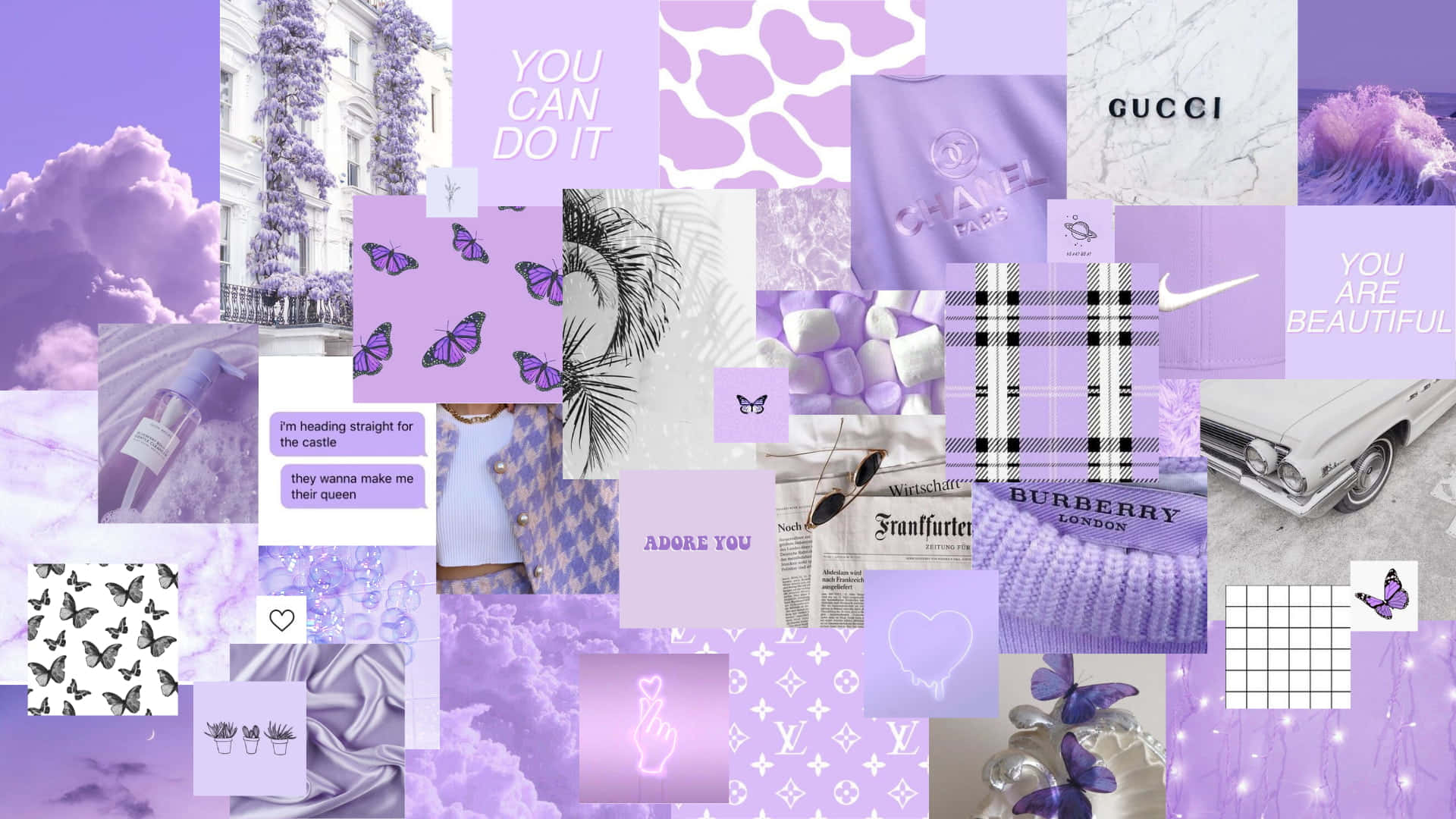 Aesthetic Collage Desktop 桌布 壁紙 — 一個充滿活力的薰衣草主題拼貼畫，包含蝴蝶、奢侈品牌、勵志名言和復古汽車，背景是柔和的雲朵。