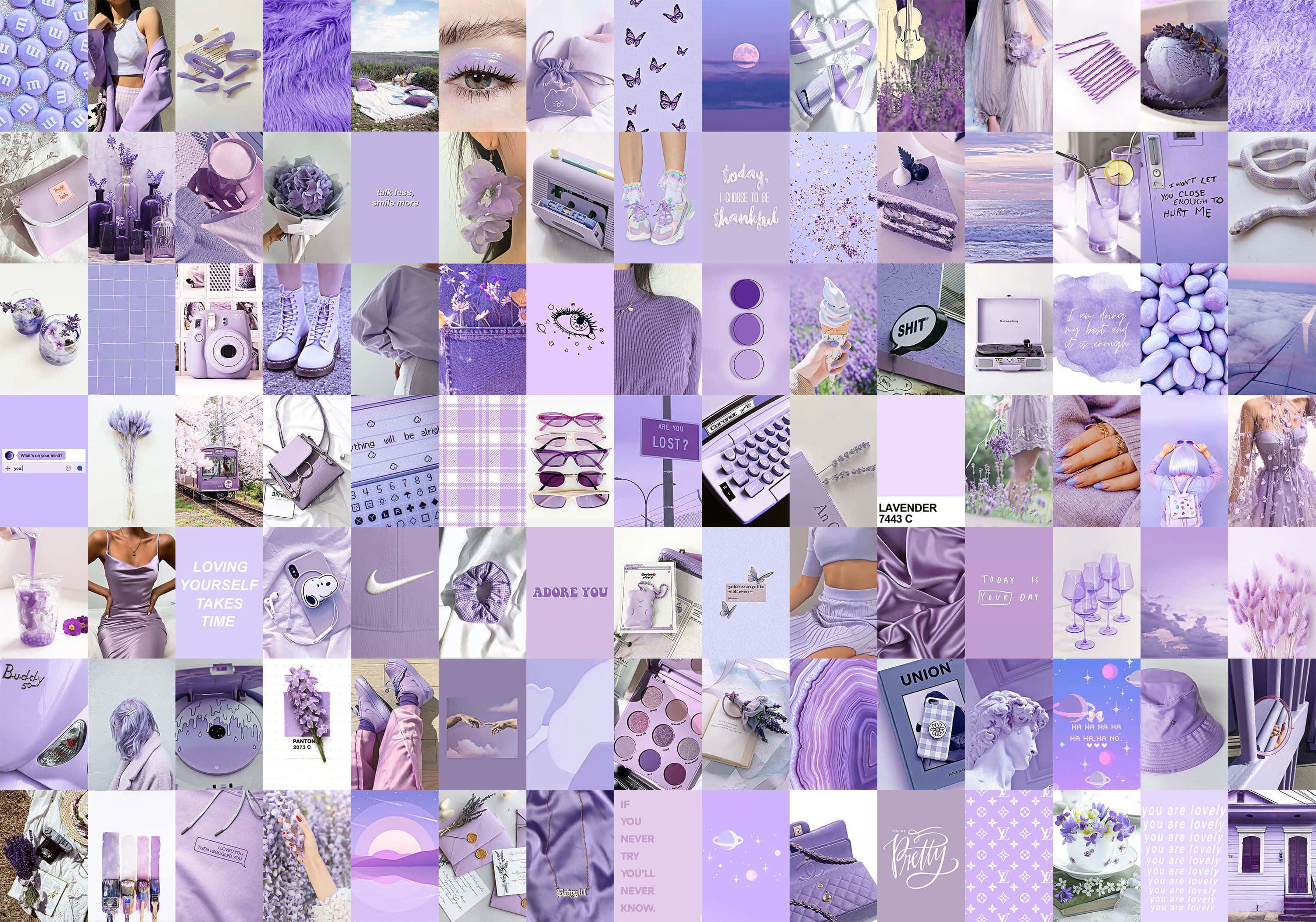 Purple Aesthetic Collage 桌布 壁紙 — 一個充滿活力的薰衣草主題拼貼畫，展示時尚配飾、美容產品和生活方式物品，採用柔和的粉彩調。