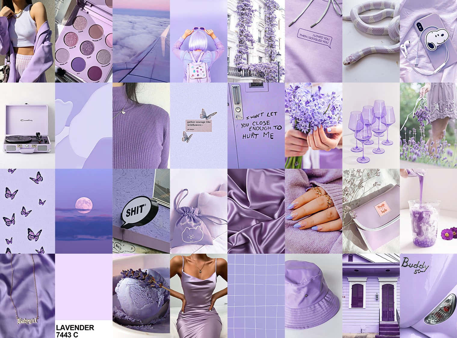 Purple Aesthetic Collage 桌布 壁紙 — 一個充滿活力的薰衣草主題拼貼畫， featuring 時尚配飾、自然和生活方式物品，全部由柔和的紫色調統一。