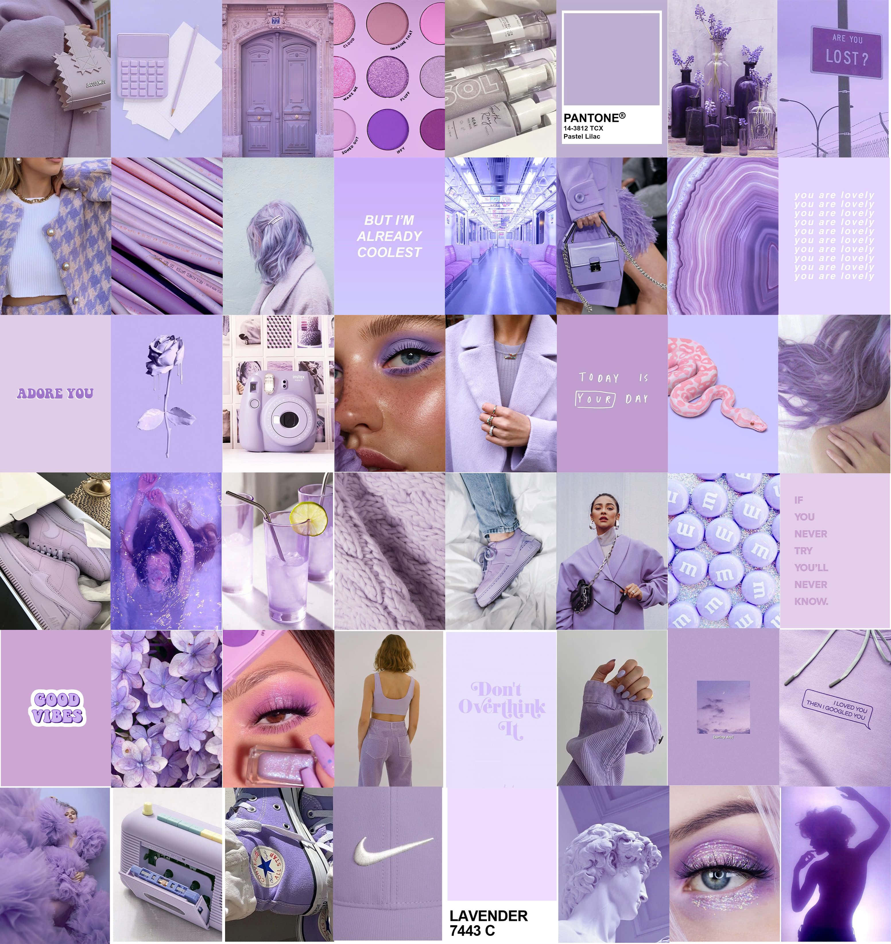 Purple Collage 桌布 壁紙 — 一個充滿活力的薰衣草主題拼貼畫，展示時尚配飾、化妝品和生活方式用品，採用柔和粉彩色調。