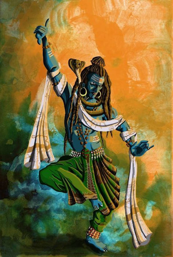 angry shiva 桌布 壁紙 — 一個充滿活力的藍皮膚神祇，梳著辮子頭，戴著蛇冠，在旋轉的橙色和綠色背景前動感起舞。