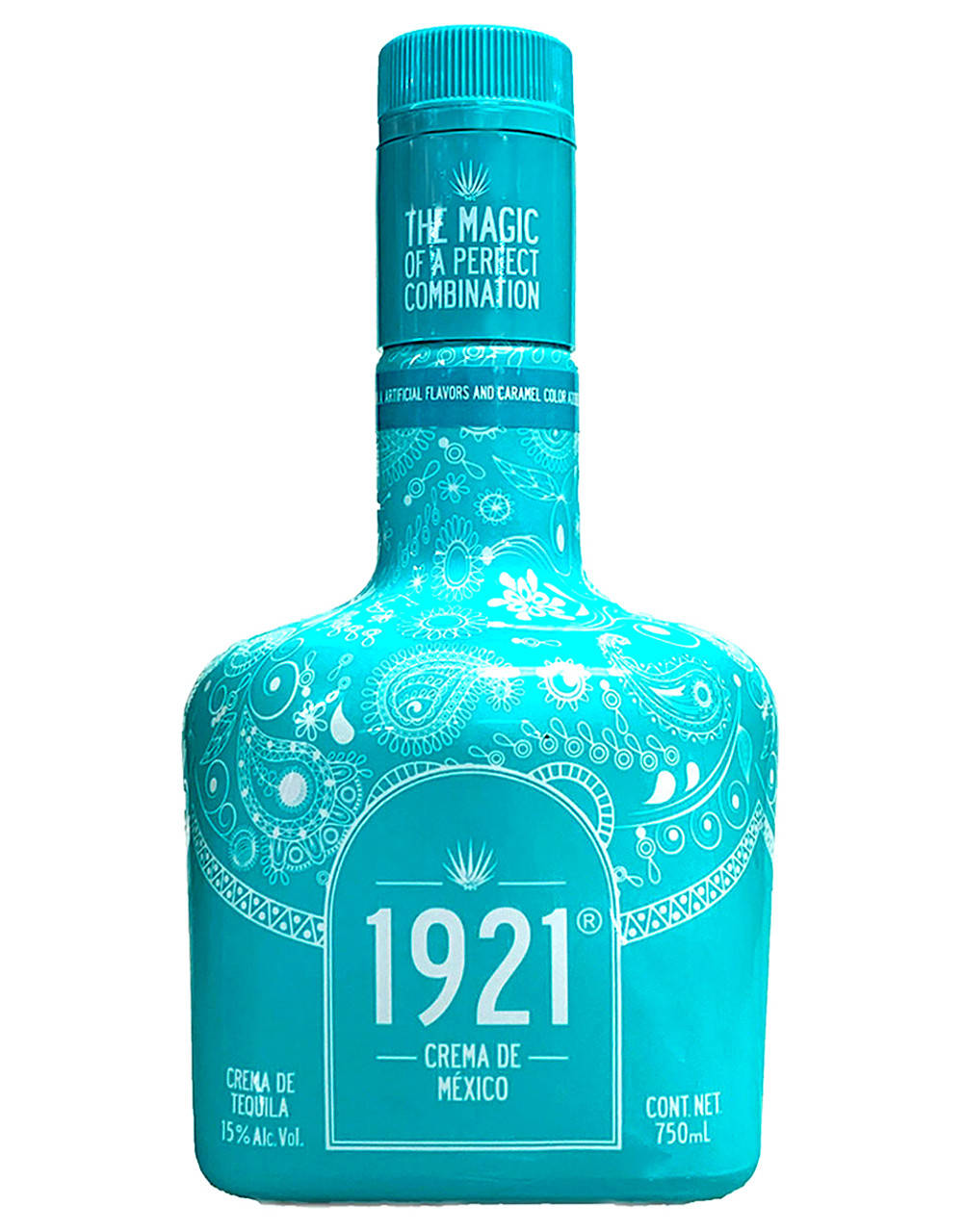 drinks 桌布 壁紙 — 一個充滿活力的藍綠色1921 Crema de Tequila酒瓶，帶有白色華麗圖案和粗體文字，背景為純白色。