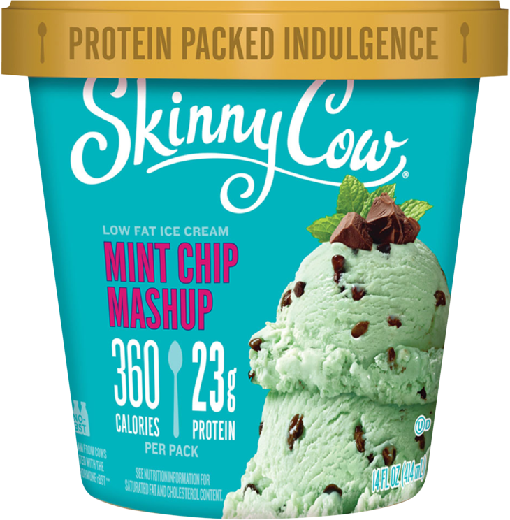 Ice Cream Clipart 桌布 壁紙 — 一個充滿活力的藍綠色Skinny Cow薄荷巧克力碎片冰淇淋杯，上面放有巧克力塊和薄荷葉。