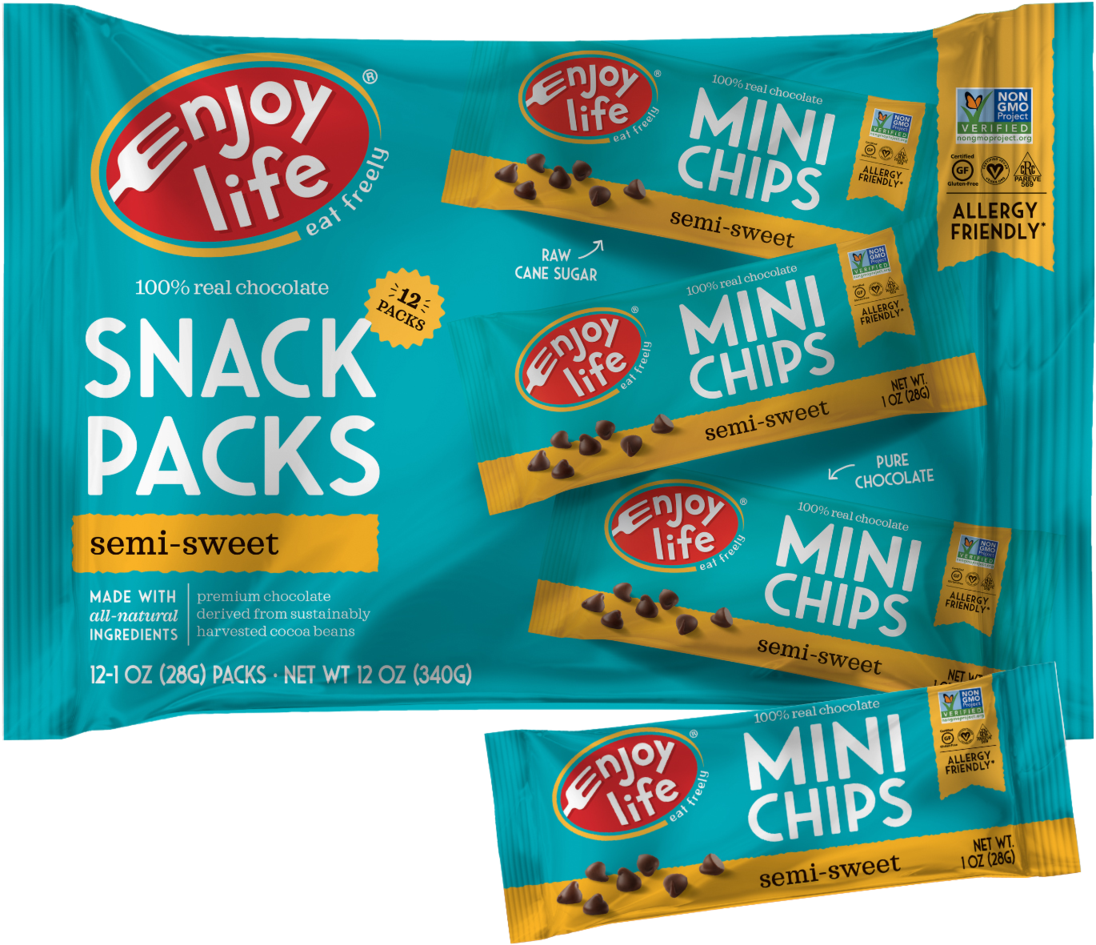 Snack 桌布 壁紙 — 一個充滿活力的藍綠色包裝的 Enjoy Life 半甜迷你巧克力粒零食包，帶有防過敏標籤。