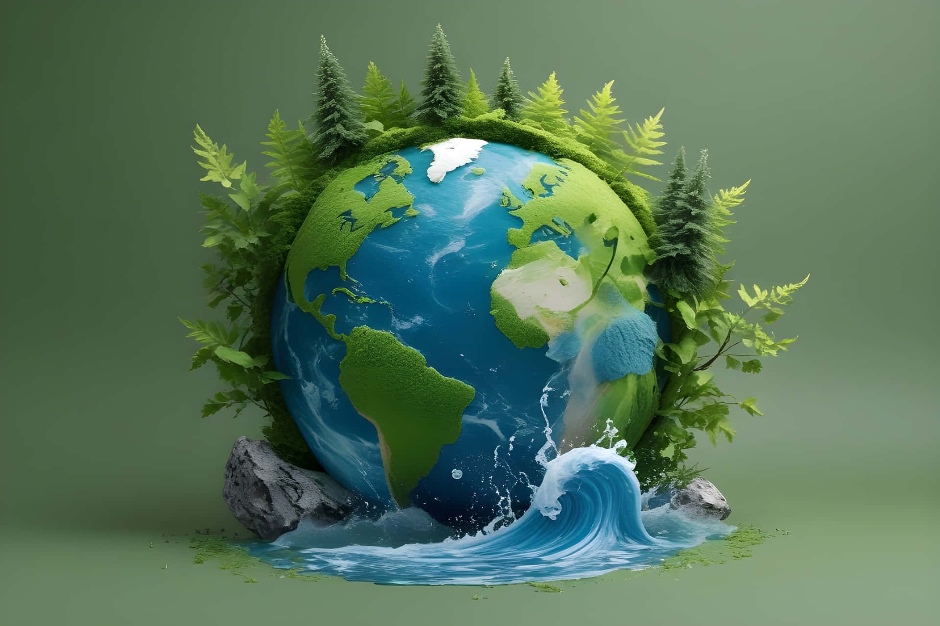 A beautiful natural earth design 壁紙 — 一個充滿活力的藍綠色地球儀，周圍環繞著茂密的蕨類植物、松樹和洶湧的海浪，背景是柔和的綠色。