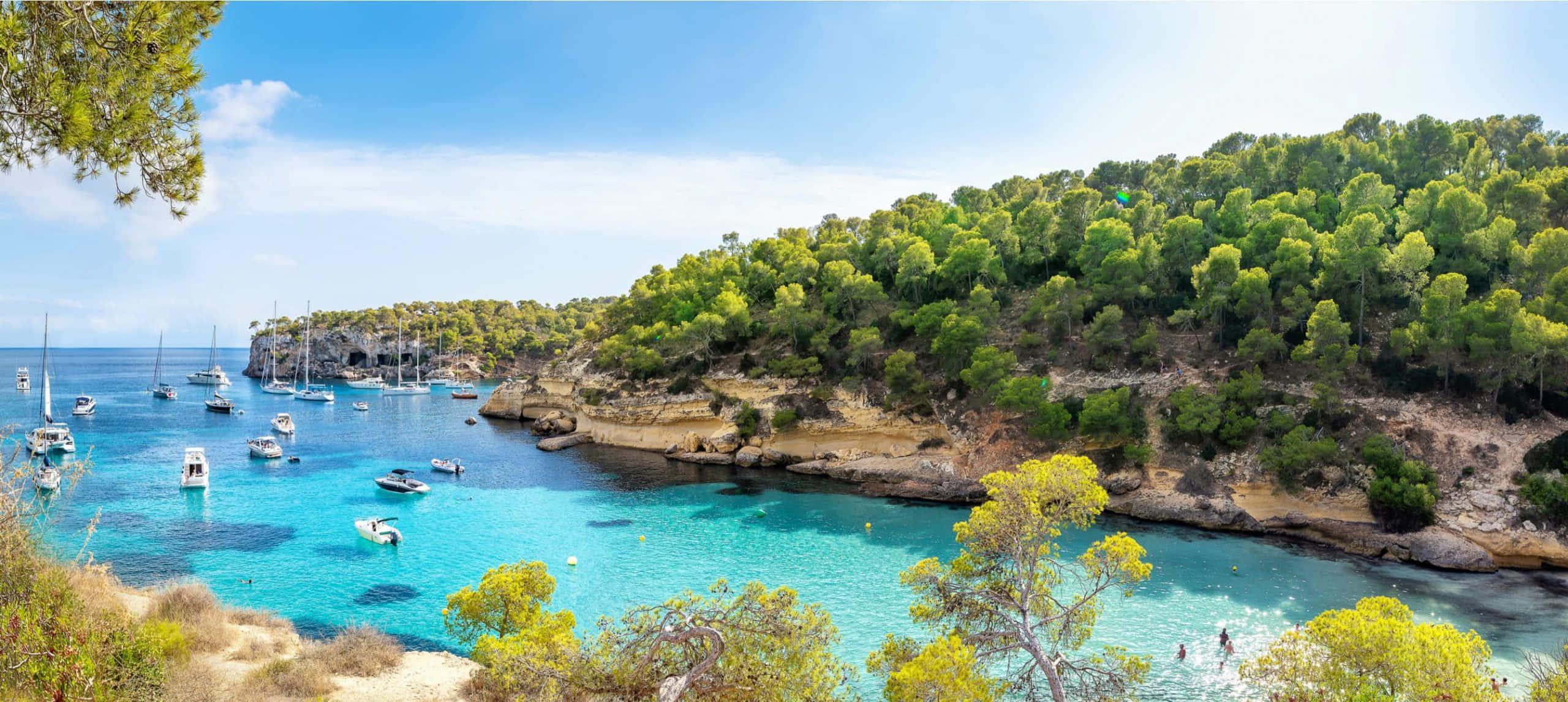 Spanish Beach 桌布 壁紙 — 一個充滿活力的藍綠色海灣，被鬱鬱蔥蔥的綠色懸崖環抱，平靜的水面上點綴著帆船，上方是明亮的藍天。