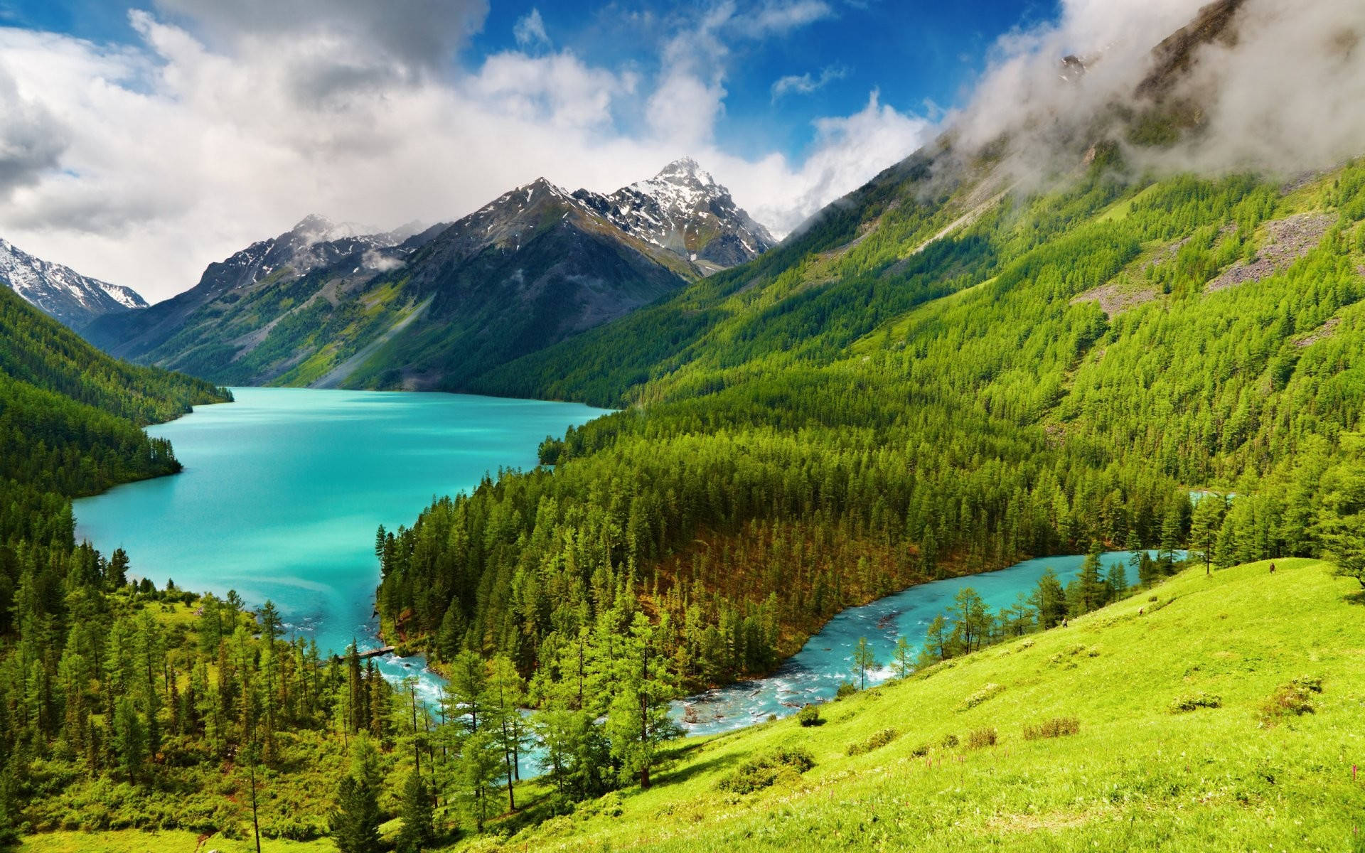 Lake 桌布 壁紙 — 一個充滿活力的藍綠色湖泊，坐落在鬱鬱蔥蔥的綠色山脈中，天空部分多雲。