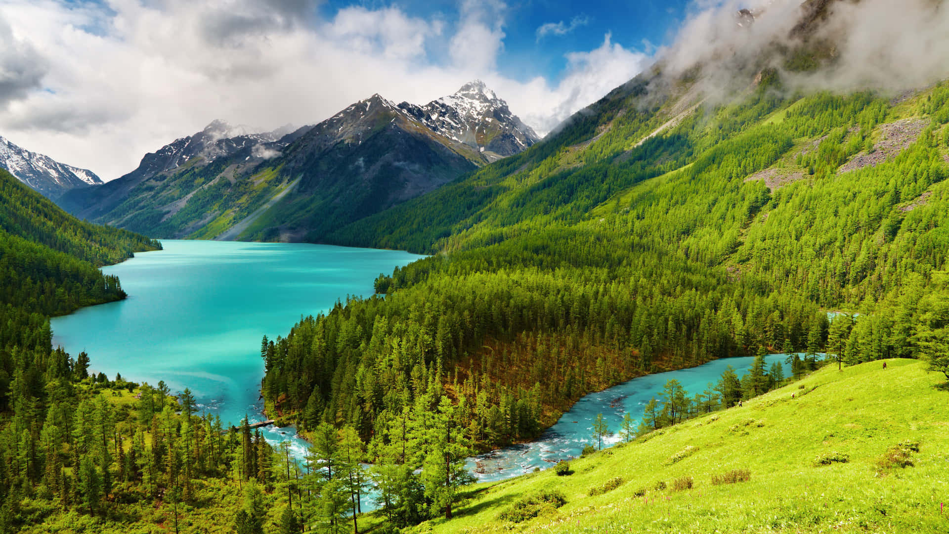 攝影 桌布 壁紙 — 一個充滿活力的藍綠色湖泊，坐落在鬱鬱蔥蔥的綠色山脈中，山頂積雪，天空部分多雲。