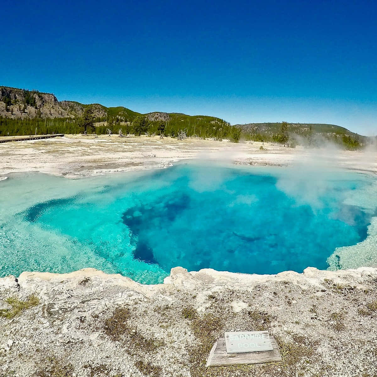 Yellowstone 桌布 壁紙 — 一個充滿活力的藍綠色溫泉在晴朗的藍天下冒著蒸氣，周圍環繞著森林覆蓋的山丘和岩石地形。