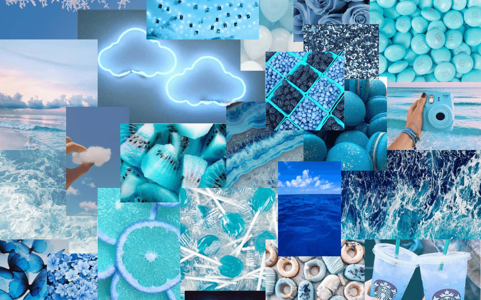 Aesthetic Blue Collage 桌布 壁紙 — 一個充滿活力的藍色主題拼貼畫，以海浪、霓虹雲、糖果甜甜圈和熱帶水果為特色，呈現夢幻美感。