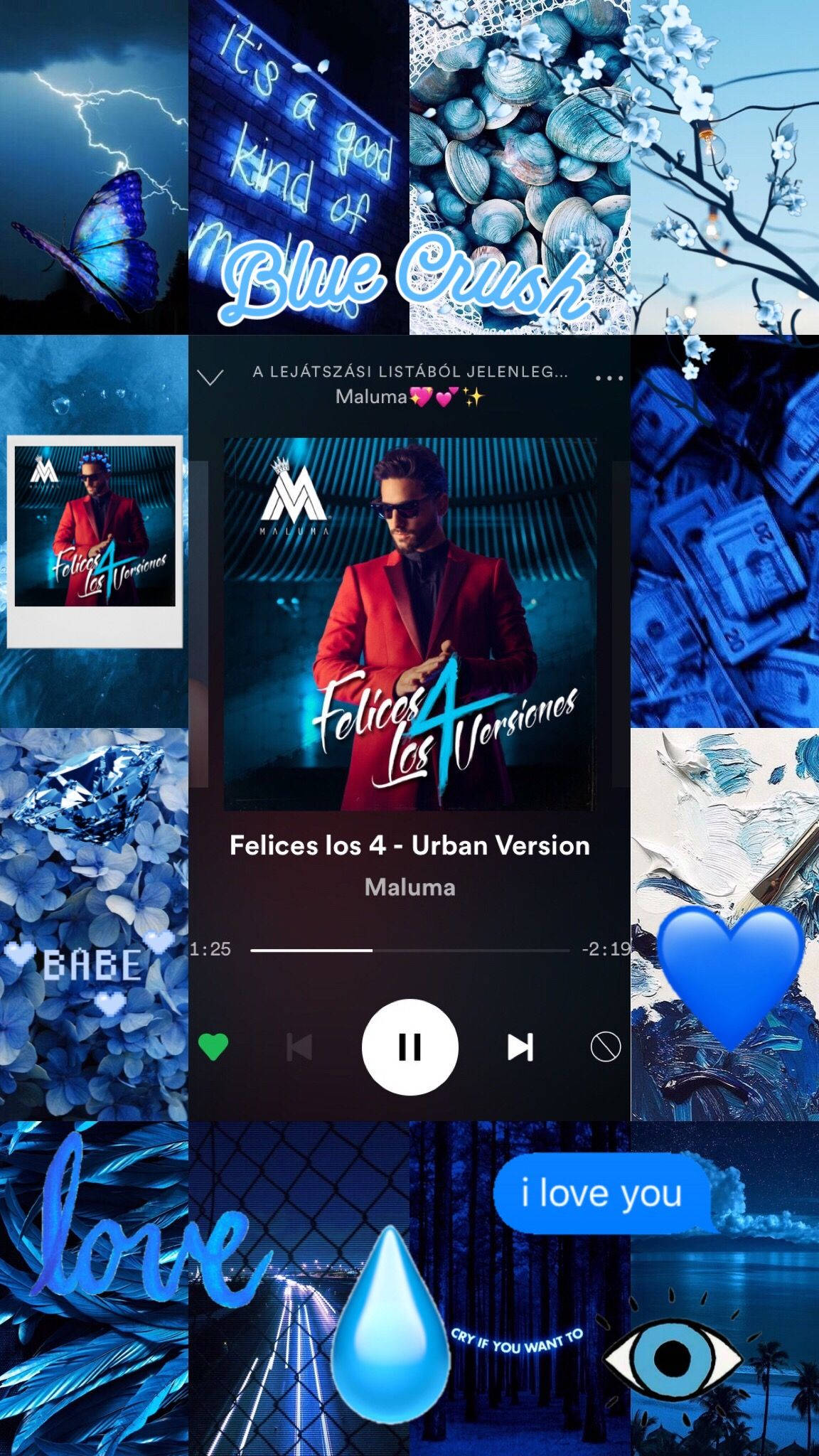 Maluma 桌布 壁紙 — 一個充滿活力的藍色主題拼貼畫，包含一個帶有 Maluma 的音樂播放器、蝴蝶、金錢和浪漫文字疊加。