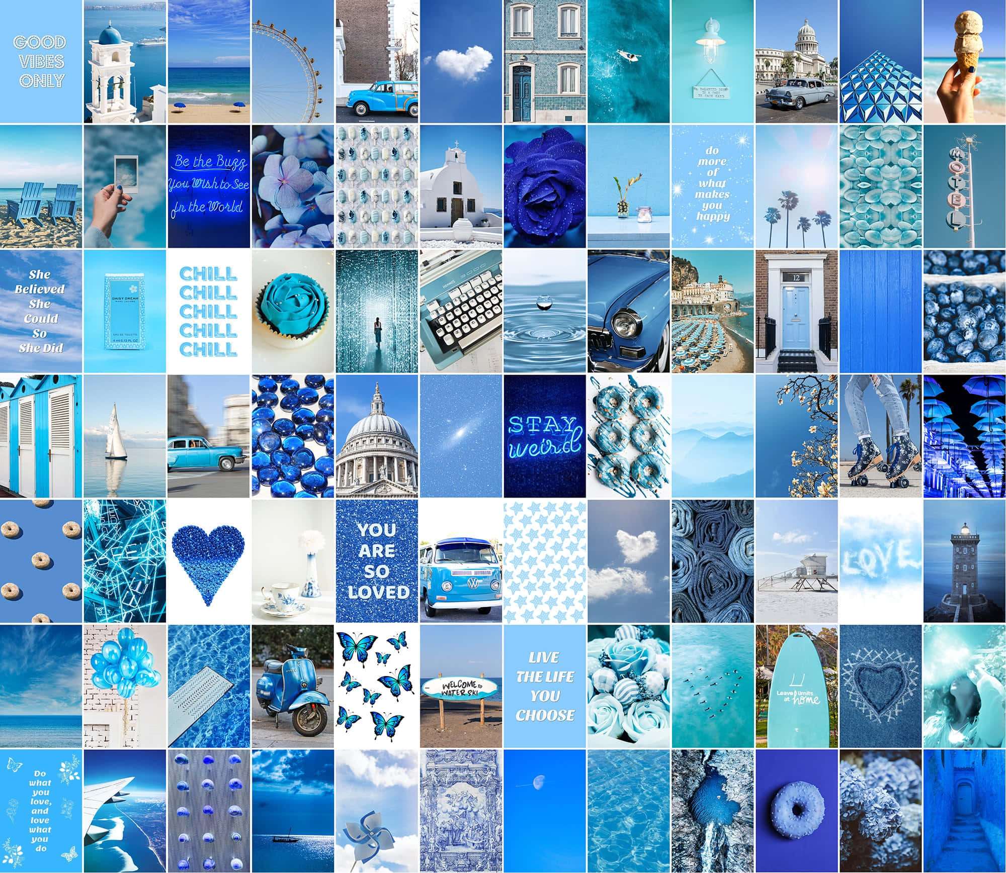 Aesthetic Blue Collage 桌布 壁紙 — 一個充滿活力的藍色主題拼貼畫，包含海岸場景、復古汽車、花卉和勵志名言，採用統一的單色調色板。