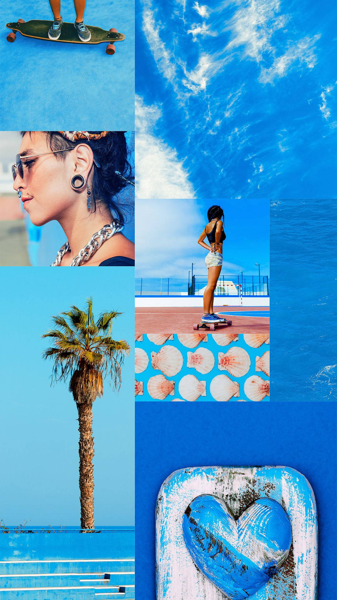 summer mood 桌布 壁紙 — 一個充滿活力的藍色主題拼貼畫，包含滑板手、棕櫚樹、心形物體和一位戴太陽眼鏡的女性，背景是晴朗的天空。