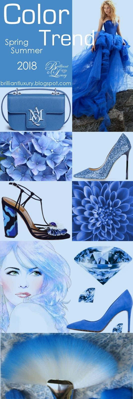 Azure Blue 桌布 壁紙 — 一個充滿活力的藍色主題拼貼畫，展示時尚配飾、鮮花、珠寶和一位穿著飄逸長裙的女性，背景是岩石。