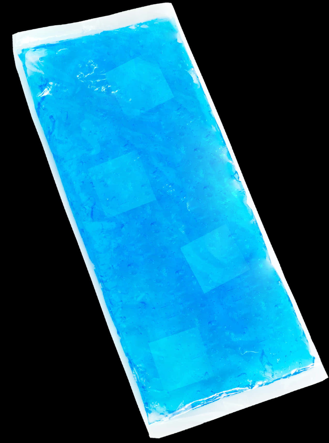 Ice Cubes 桌布 壁紙 — 一個充滿活力的藍色凝膠冰袋密封在白色塑膠中，背景為純黑色。