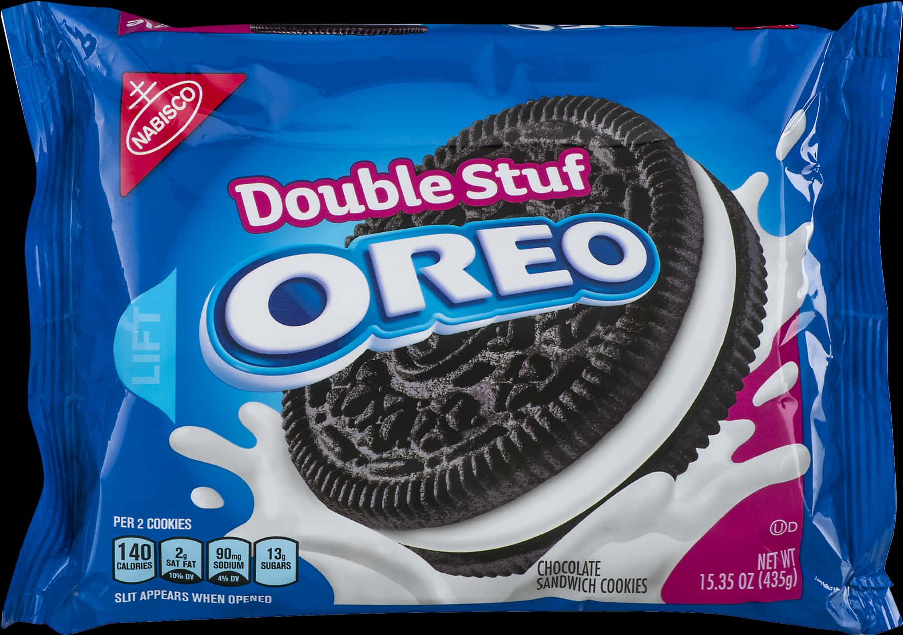 Product 桌布 壁紙 — 一個充滿活力的藍色包裝的Double Stuf OREO餅乾，帶有大型餅乾圖案和牛奶飛濺設計。