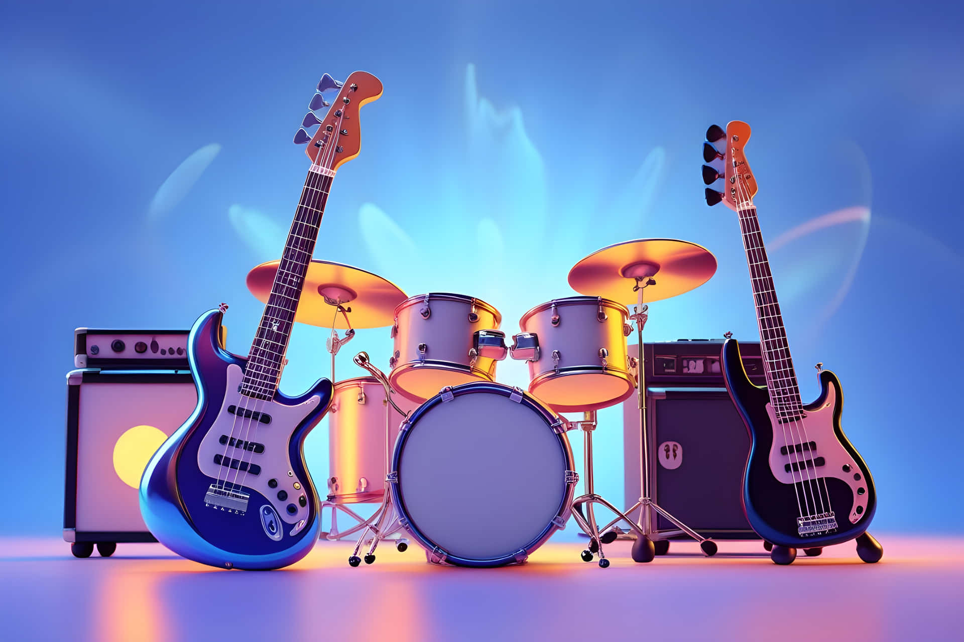 Musical instruments 壁紙 — 一個充滿活力的藍色和橙色舞台設置，配備兩支電吉他、一套鼓和擴音器，在閃爍的聚光燈下。