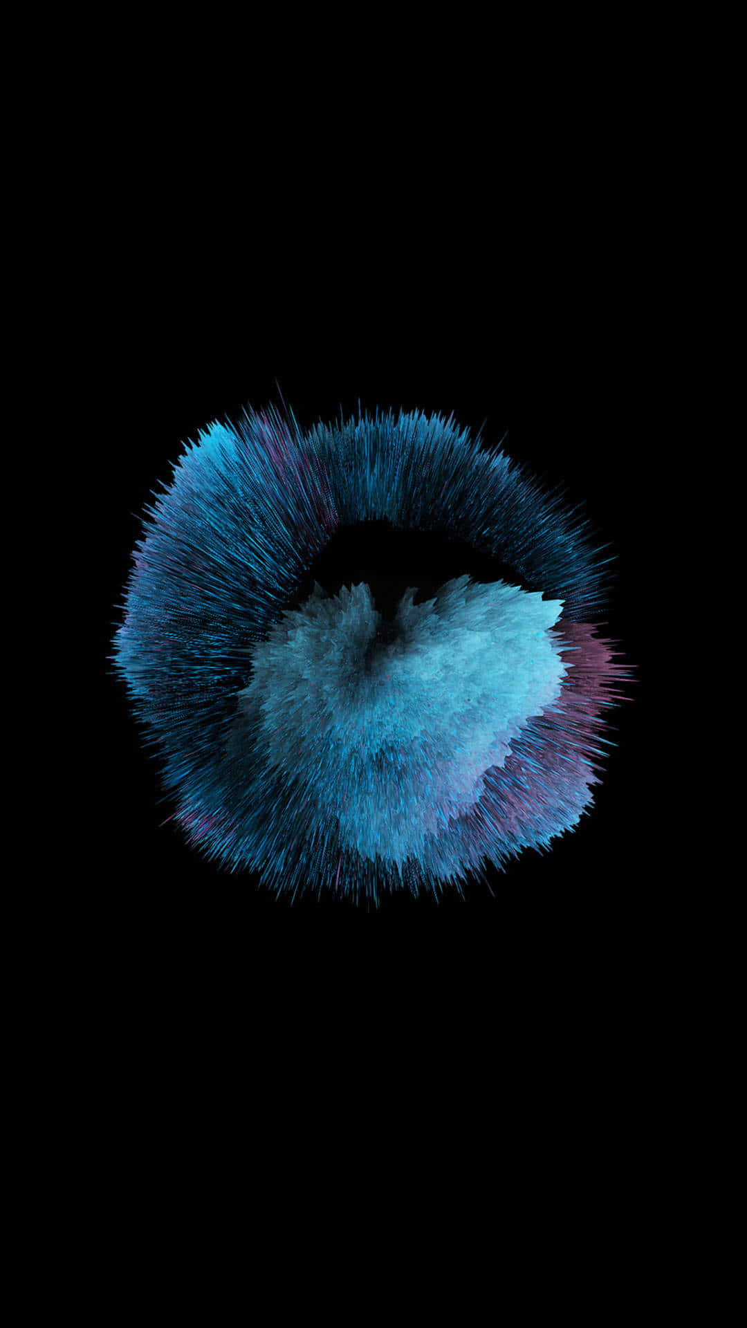 Blue Amoled 桌布 壁紙 — 一個充滿活力的藍色和紫色抽象爆炸，帶有尖刺紋理，在純黑色背景上放射開來。