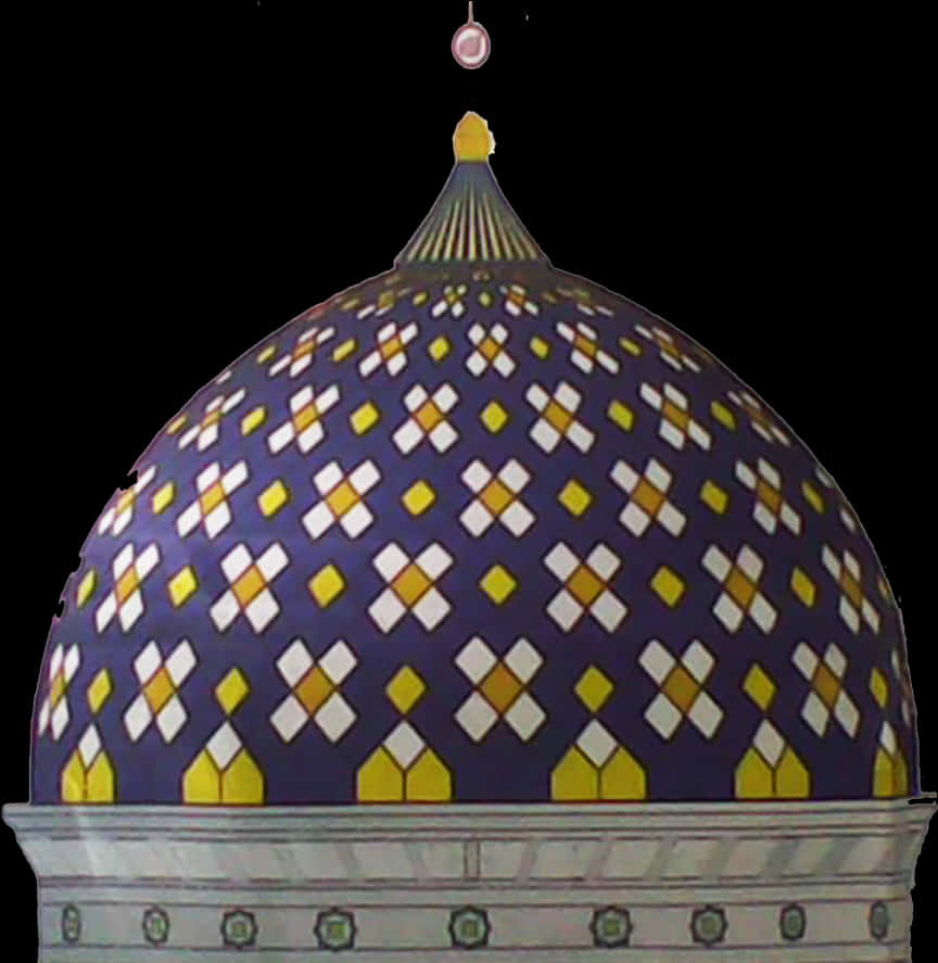 Mosque 桌布 壁紙 — 一個充滿活力的藍色圓頂，裝飾著複雜的黃色和白色幾何圖案，背景是 stark 黑色。