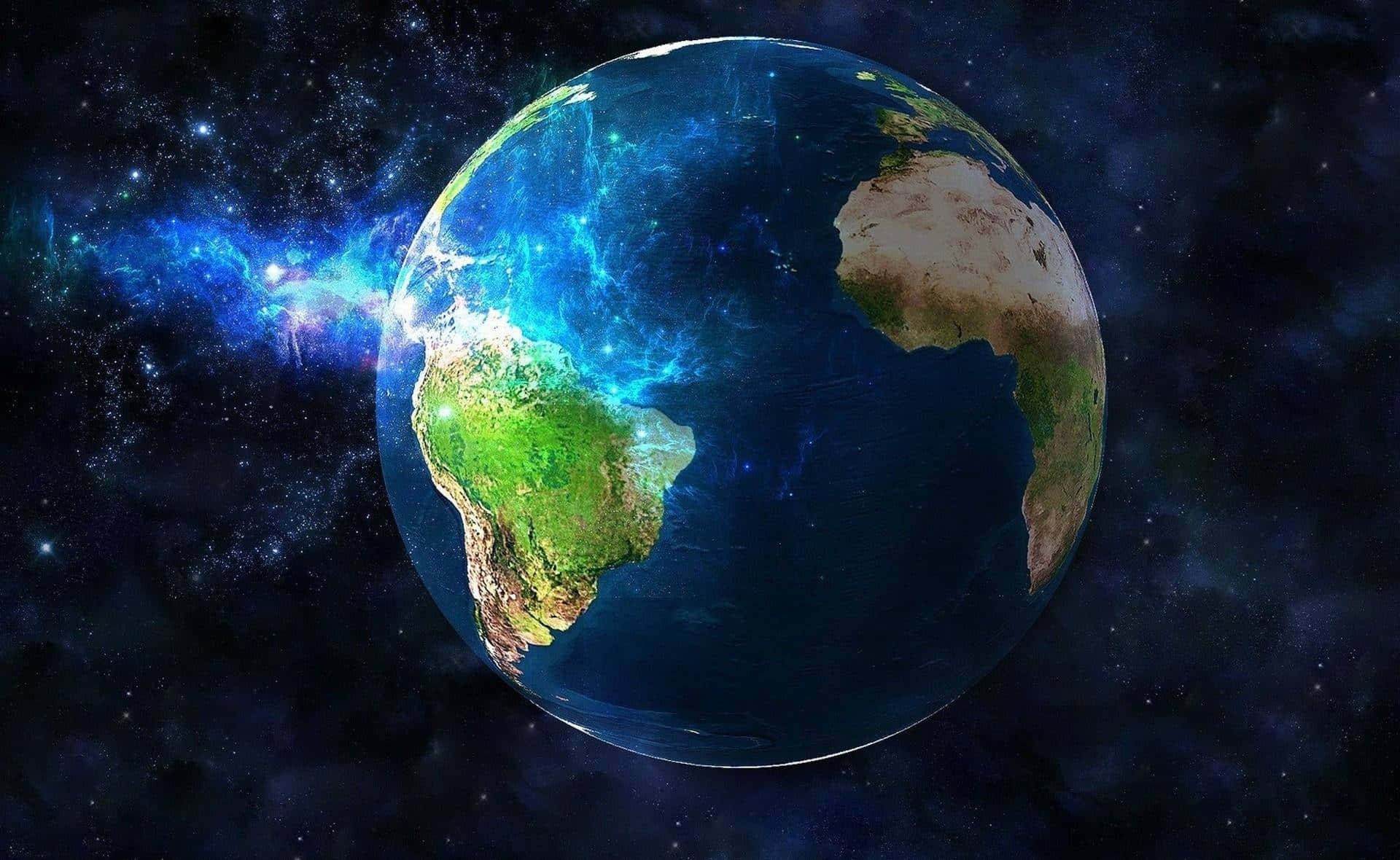 planet earth 桌布 壁紙 — 一個充滿活力的藍色地球，帶有發光的極光，在繁星點點的宇宙背景和發光的星雲中旋轉。