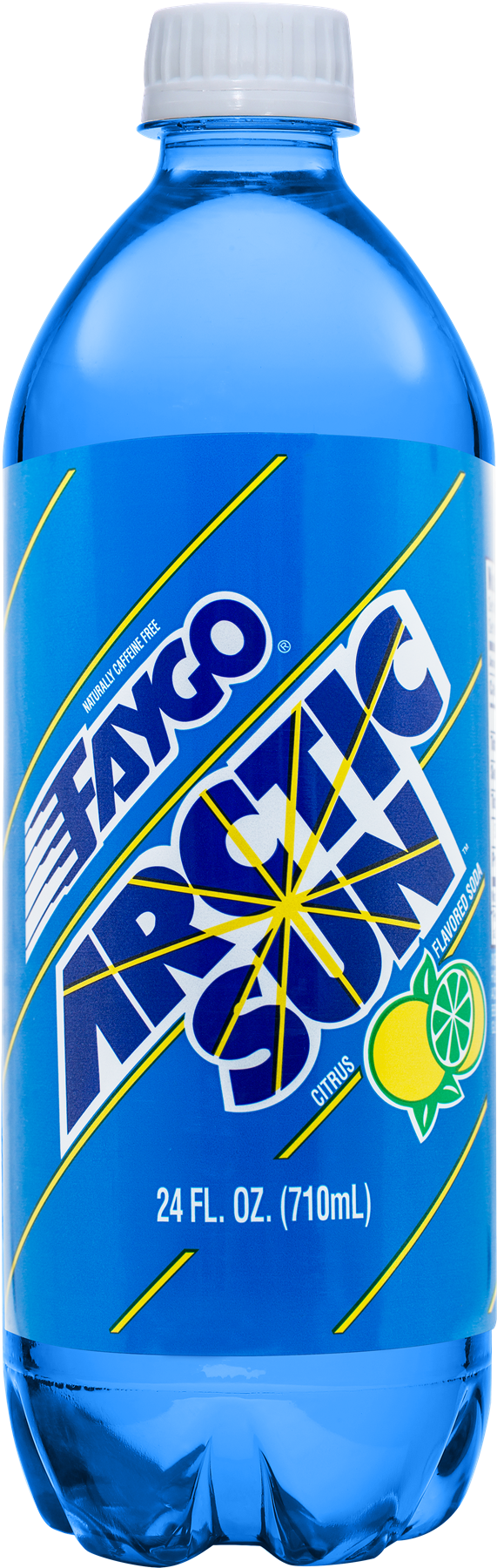 Soda 桌布 壁紙 — 一個充滿活力的藍色塑膠瓶，裝有Haygo Arctic Sun柑橘汽水，帶有黃色斜條紋和萊姆圖案。