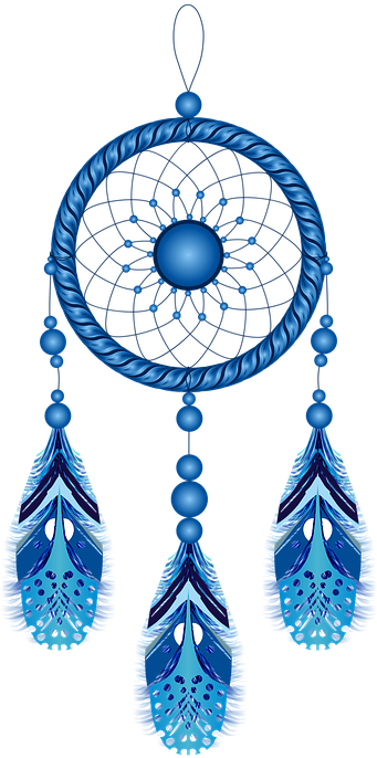 dreamcatcher 桌布 壁紙 — 一個充滿活力的藍色捕夢網，帶有複雜的網狀結構和三個精緻的羽毛吊飾，背景為黑色。