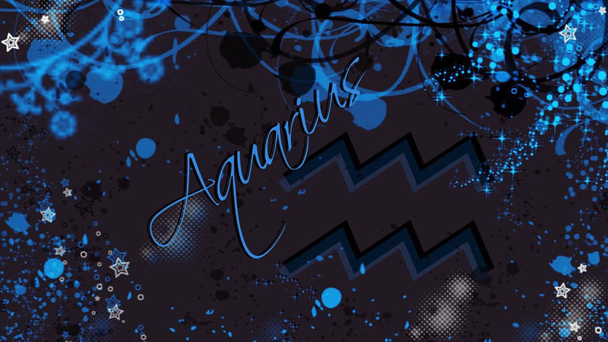 aquarius 桌布 壁紙 — 一個充滿活力的藍色水瓶座星座，帶有漩渦圖案和閃爍的星星，背景為深色。