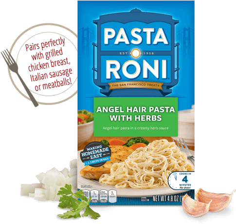 Pasta 桌布 壁紙 — 一個充滿活力的藍色盒子，內有Pasta Roni Angel Hair Pasta with Herbs，展示煮熟的義大利麵、雞肉和蔬菜，周圍環繞著大蒜和歐芹。