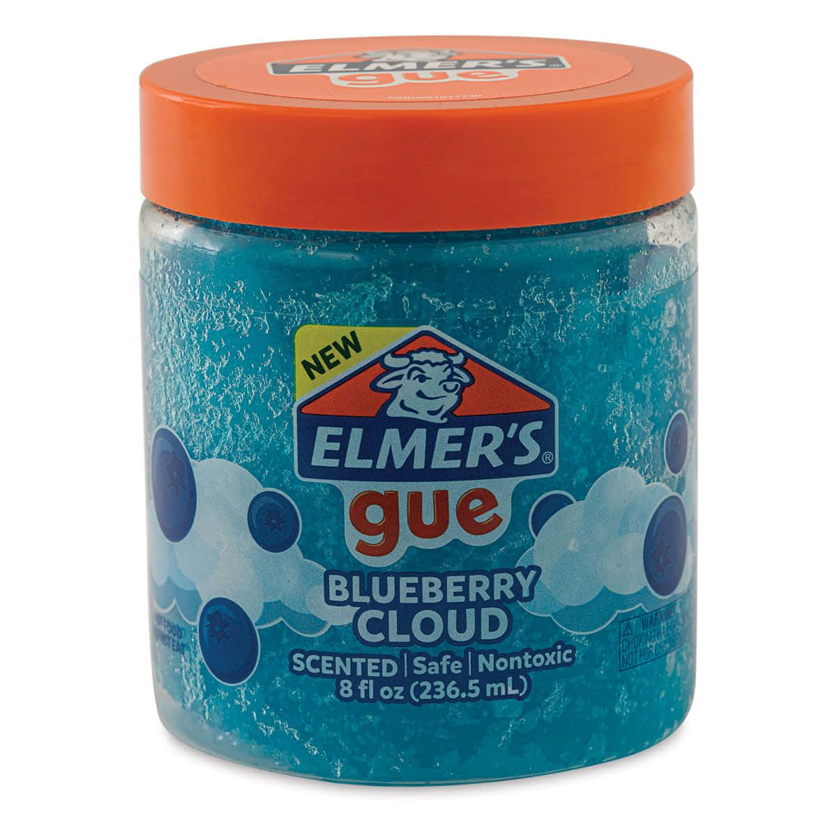 slime 桌布 壁紙 — 一個充滿活力的藍色罐裝 Elmer's Blueberry Cloud 香味膠水，配有橙色蓋子和雲莓圖案。
