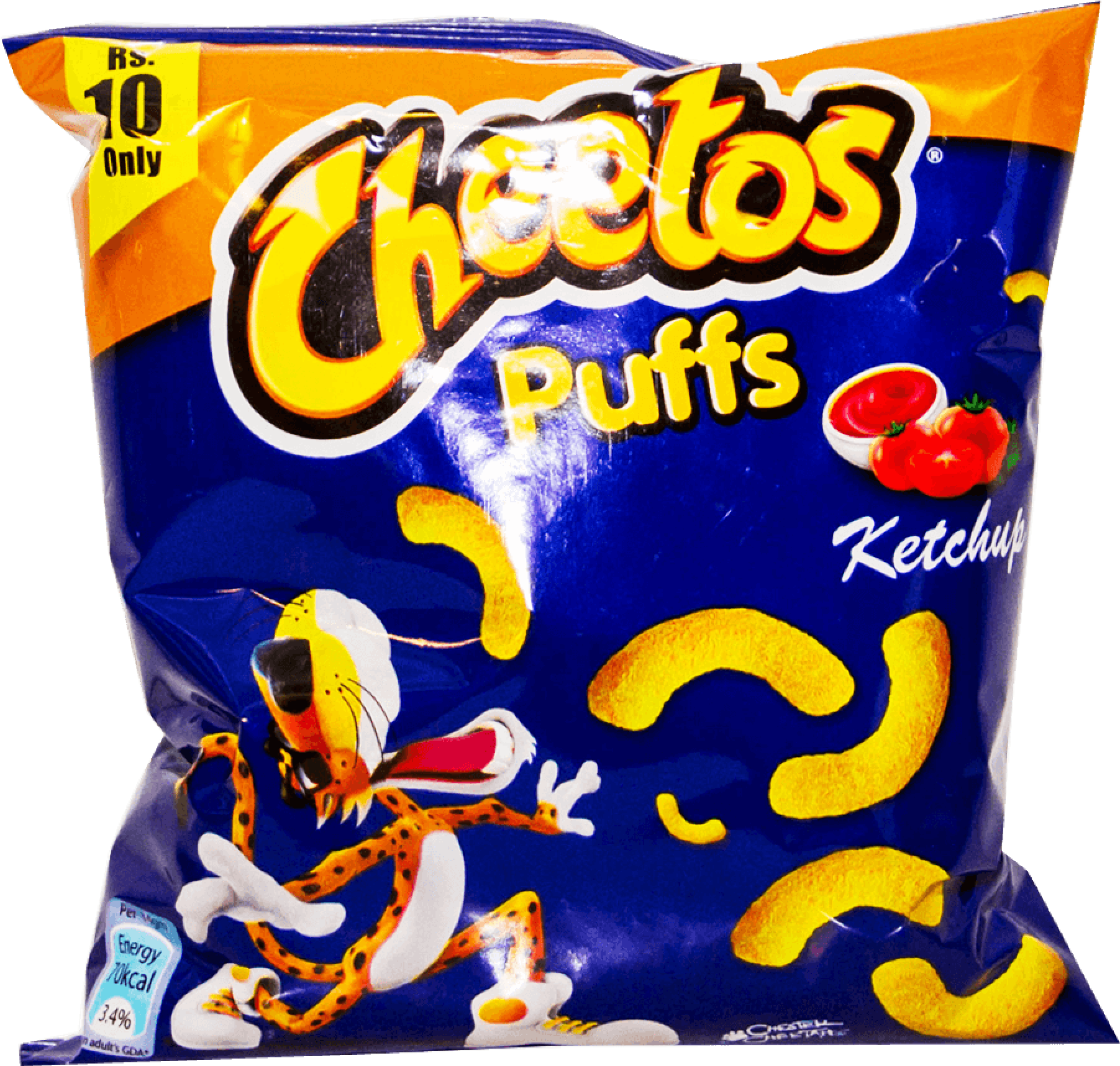 Product 桌布 壁紙 — 一個充滿活力的藍色袋裝 Cheetos Puffs 番茄醬味，帶有標誌性的卡通獵豹吉祥物和散落的泡芙。