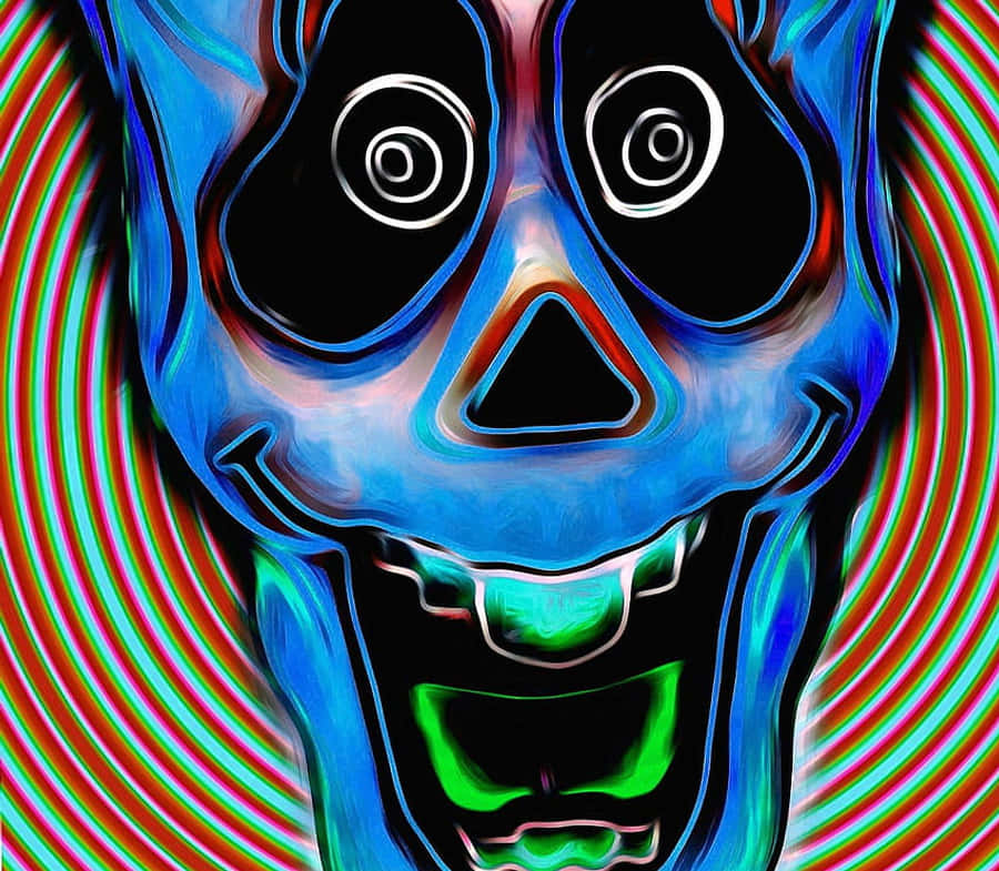 Trippy Blue 桌布 壁紙 — 一個充滿活力的藍色風格化頭骨，帶有發光的綠色牙齒和旋轉的紅色、綠色和青色背景。