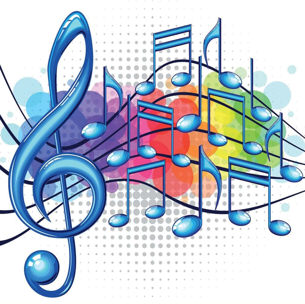 音樂 桌布 壁紙 — 一個充滿活力的藍色高音譜號和音符漂浮在彩虹色的氣泡上，背景是點狀圖案。