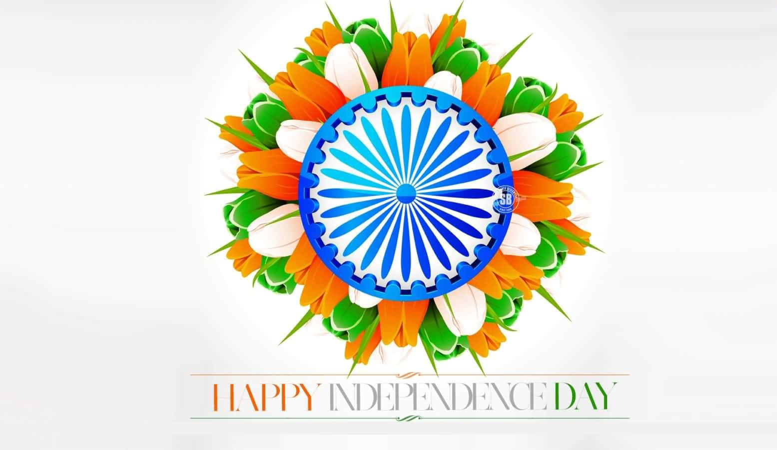 Independence Day 桌布 壁紙 — 一個充滿活力的藏紅花、白色和綠色花環環繞著藍色的阿育王法輪，下方有「HAPPY INDEPENDENCE DAY」文字。