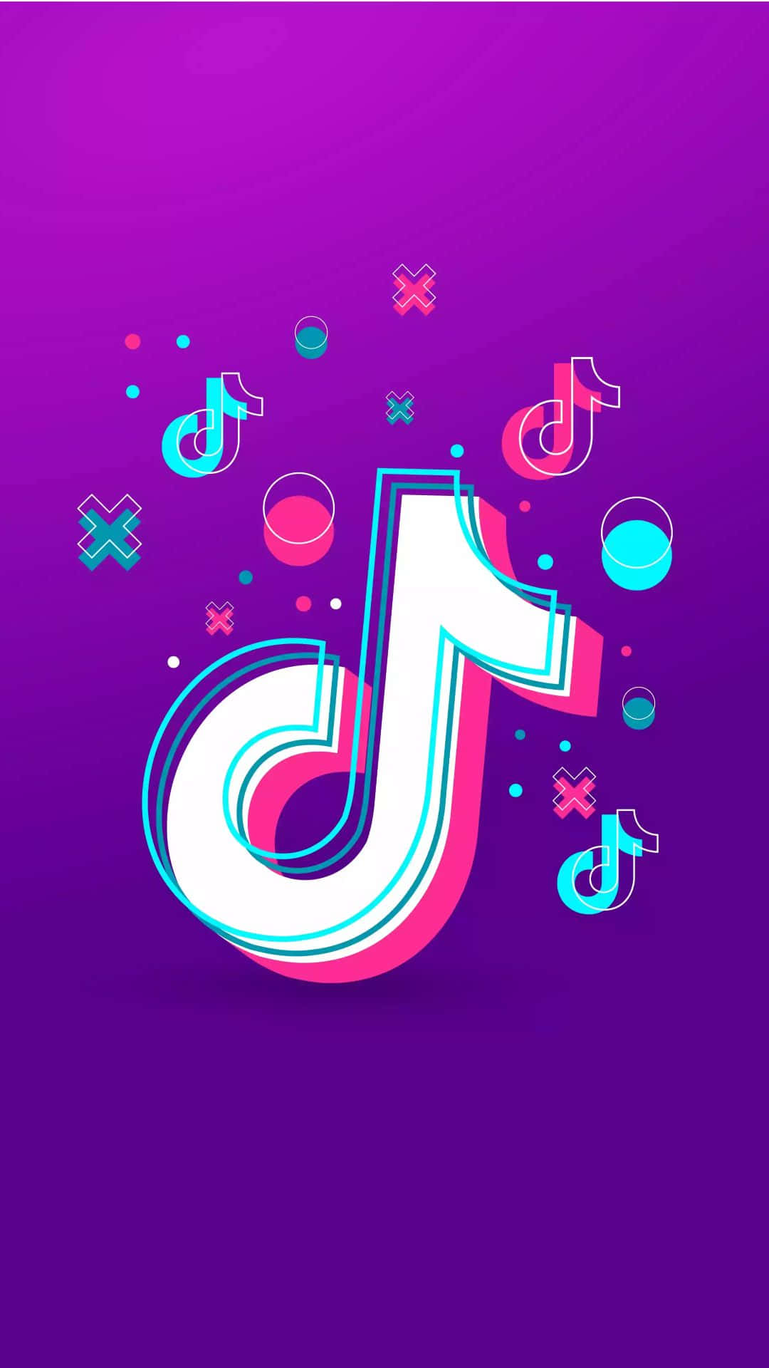 TikTok Logo 桌布 壁紙 — 一個充滿活力的螢光粉紅和青色TikTok標誌漂浮在深紫色漸變背景上，周圍環繞著漂浮的圖標和形狀。
